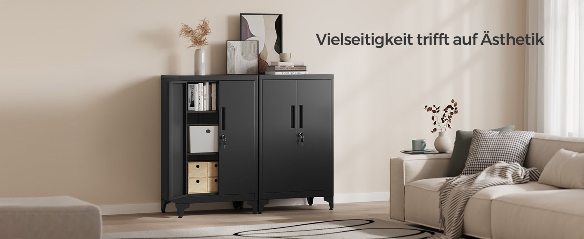 SONGMICS Aktenschrank, Mehrzweckschrank, Büroschrank mit 2 Türen, Schrank abschließbar, aus Stahl Schwarz