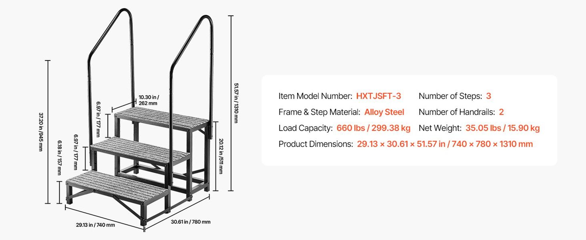 VEVOR Wohnmobiltreppe 3 Stufen mit 2 Handläufen 300kg Rutschfest für Camper