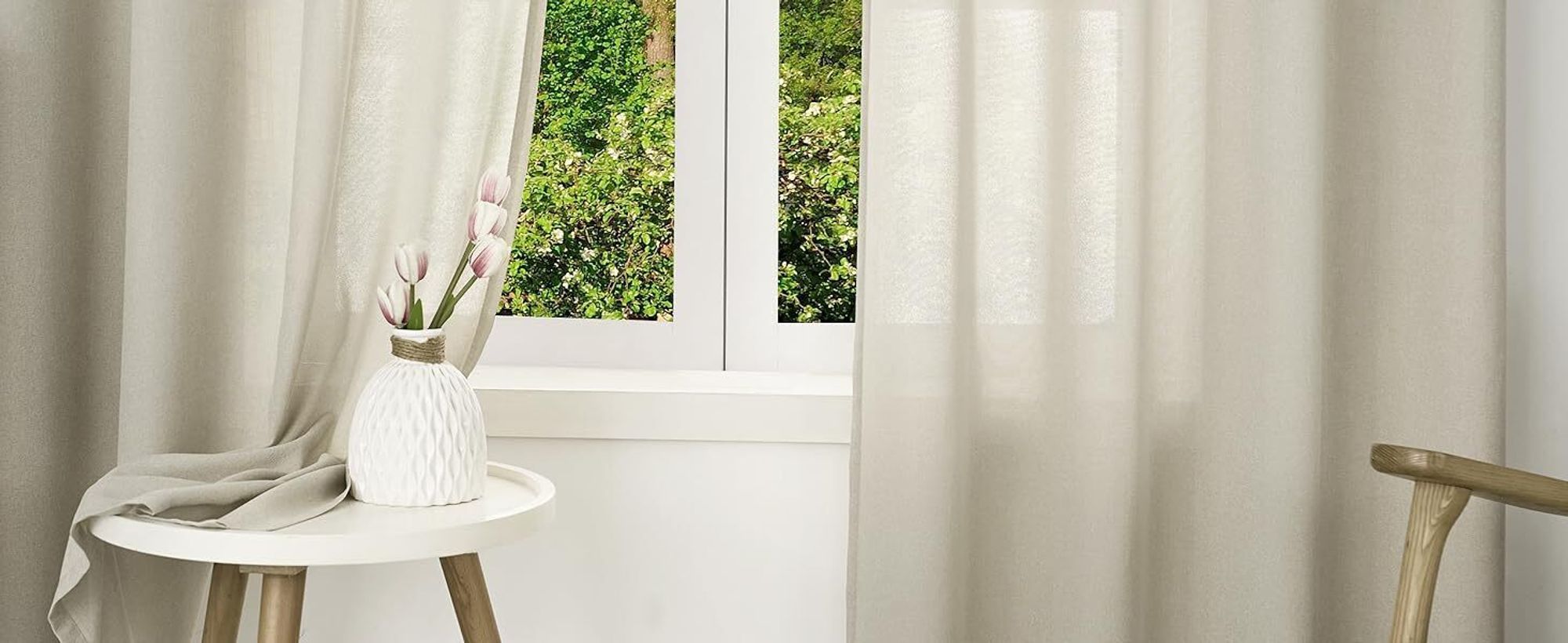 WOLTU Gardinen mit Ösen Leinenoptik Halbtransparent Voile Modern, 135x245cm Sand