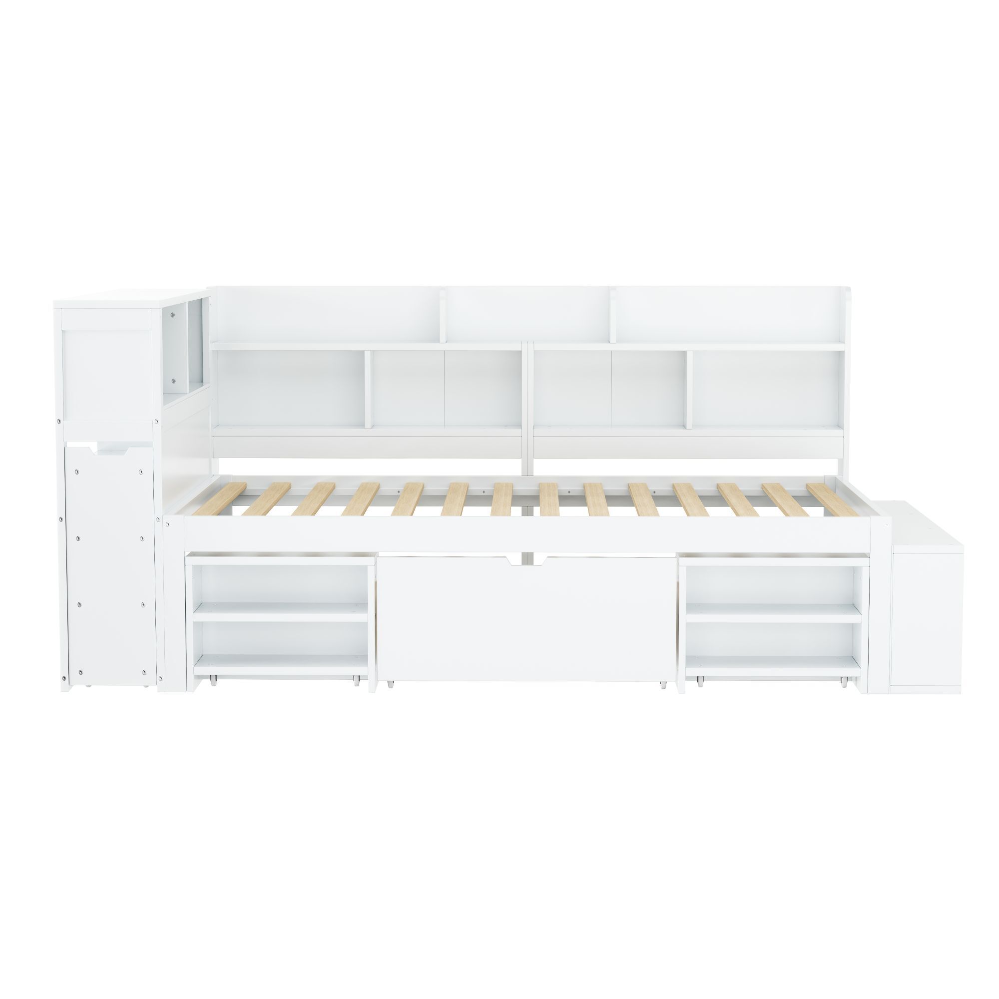 Flieks Holzbett Klassisches Bett Stauraumbett 90x200cm mit Ausziehbarem Schrank, Einzelbett Jugendbett mit Staufach, Kinderbett mit Lattenrost, Weiß