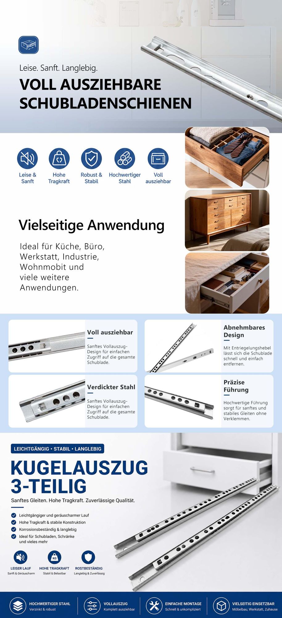 17mm Schubladenschienen Kugelgelagert Teilauszug, Verzinkter Stahl, Schnellentriegelung, 8 Paar inkl. Schrauben