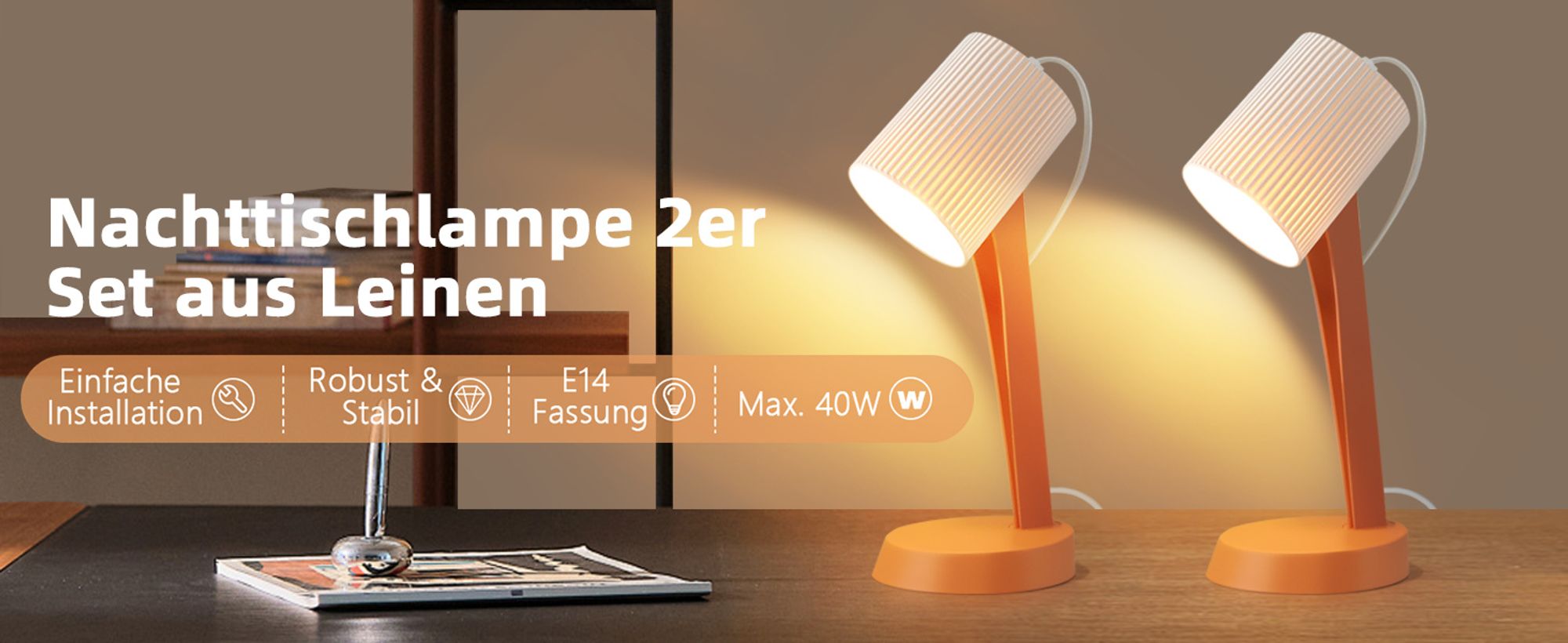 ZMH Tischleuchte orange E14 Nachttischlampe 2er Set Wohnzimmer Tischlampe mit Kabel Tischlampen Moderne Landhausstil für Esstisch Schlafzimmer