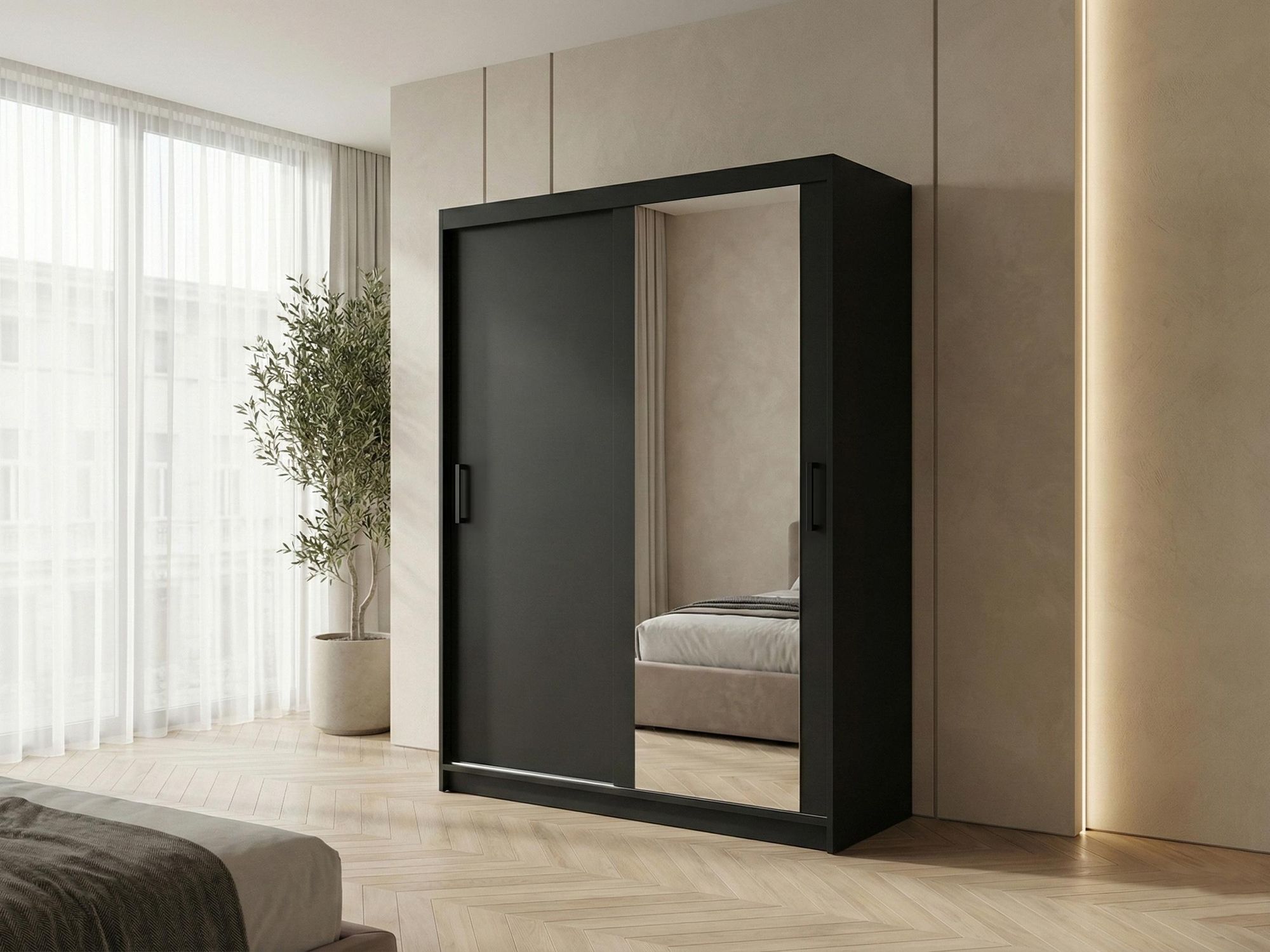 BEAUTYSOFA | Schwebetürenschrank HELA 120 cm Schwarz – 2-türig Moderner Kleiderschrank mit Spiegel und Schiebetüren