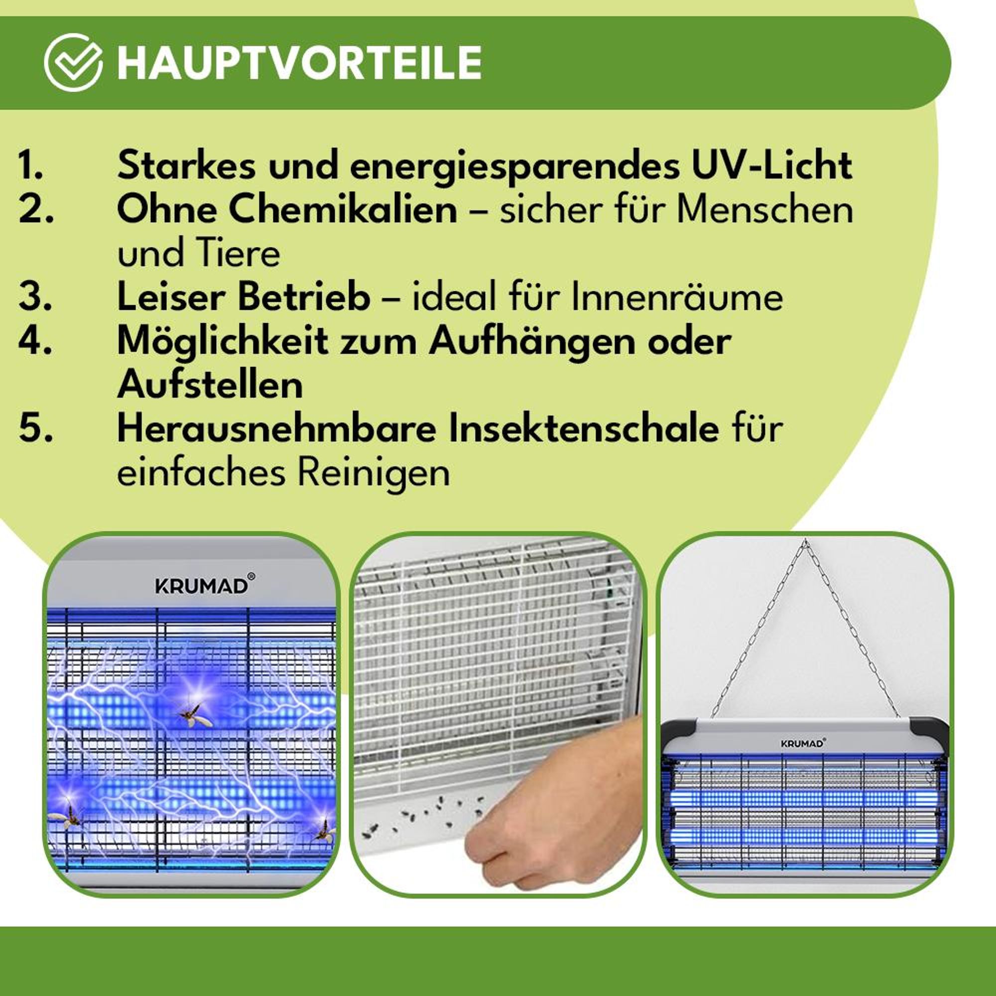 KRUMAD Insektenvernichter Elektrisch 30W – UV Mückenlampe mit Kette zum Aufhängen – Fliegenfalle für Innenbereich, leise & chemikalienfrei, bis 80 m²