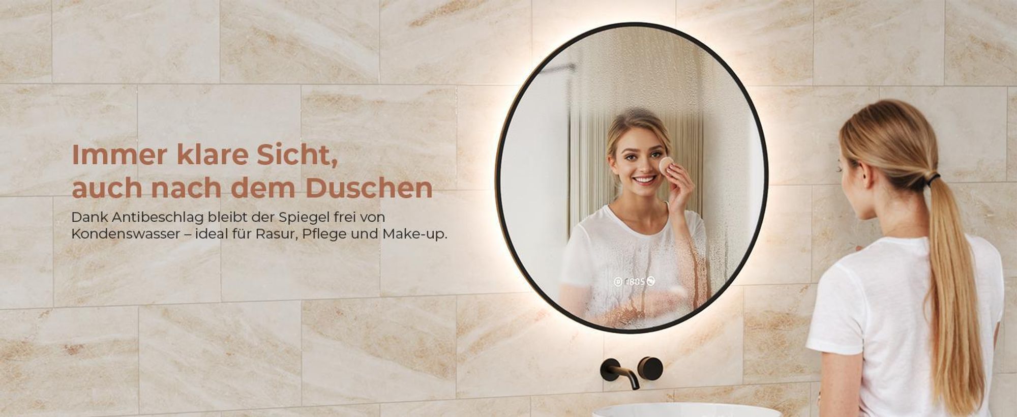 S'AFIELINA Badspiegel mit Beleuchtung Rund 80 cm Diameter,LED Badspiegel mit Touch, Beschlagfrei, Dimmbar, Uhr, Temperatur, Speicherfunktion,Schwarzer