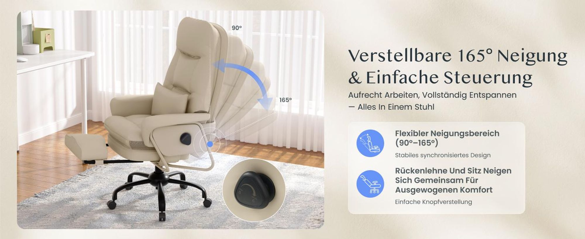 FLEXISPOT 3-in-1 Ergonomischer Bürostuhl mit 165° Liegefunktion, Ausziehbarer Fußstütze, Dickem Komfortpolster und Höhenverstellung (Beige)