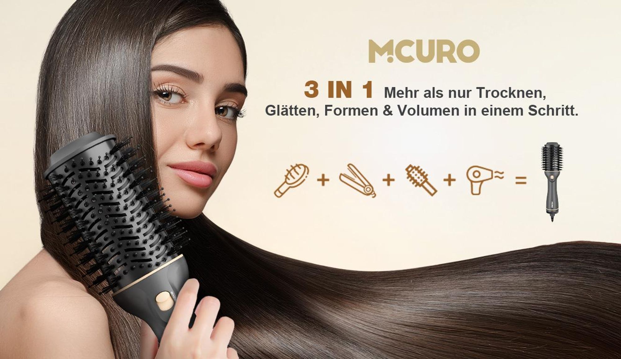 MCURO 3 in 1 Warmluftbürste Ionen, Haartrockner & Volumenbürste 1200 Watt, feuchtigkeitsspeichernde Keramikbeschichtung, 3 Heiz Gebläsestufen, Schwarzgold