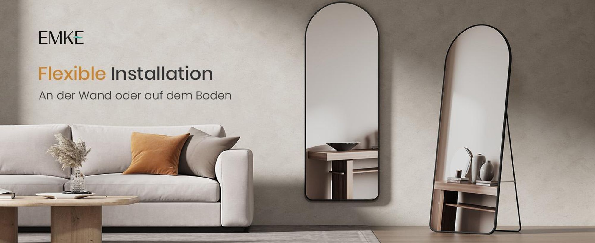 EMKE Standspiegel 160x60cm Ganzkörperspiegel Schwarz Aluminium Rahmen Spiegel Gewölbter Ankleidespiegel mit Explosionsgeschützte Fensterfolie