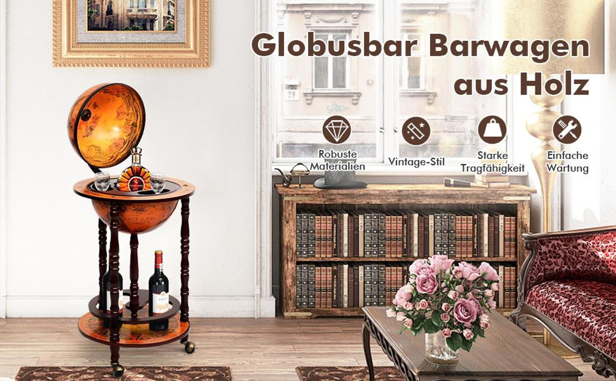 COSTWAY Globusbar mit Rollen, Weinregal, Servierwagen, Globus Bar, Barwagen Holz Braun