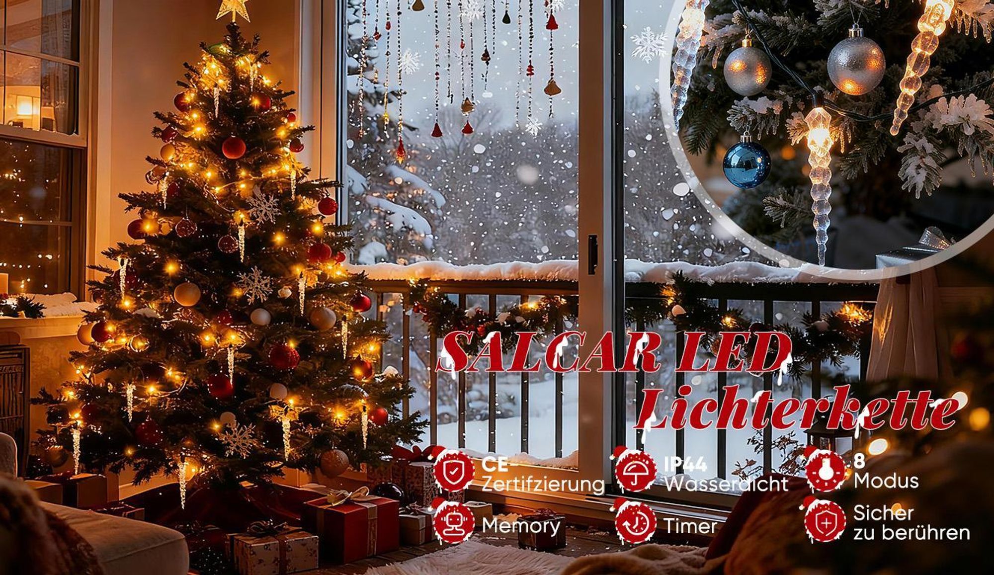 LED Lichterkette Weihnachtsbaum Lichterkette mit Warm+Kaltweiß funkelnden Eiszapfen 11 Modi/ 1,5m 8 Girlanden für 60cm - 150cm Tannenbaum