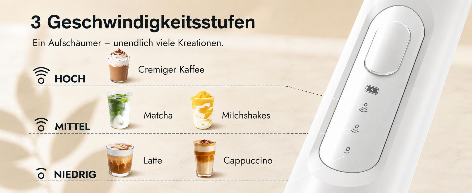 Milchaufschäumer Elektrisch, 3-in-1 Milch Frother mit Ständer, 3 Geschwindigkeiten,  USB-C Aufladbar, für Cappuccino, Latte, Matcha & Protein-Shakes