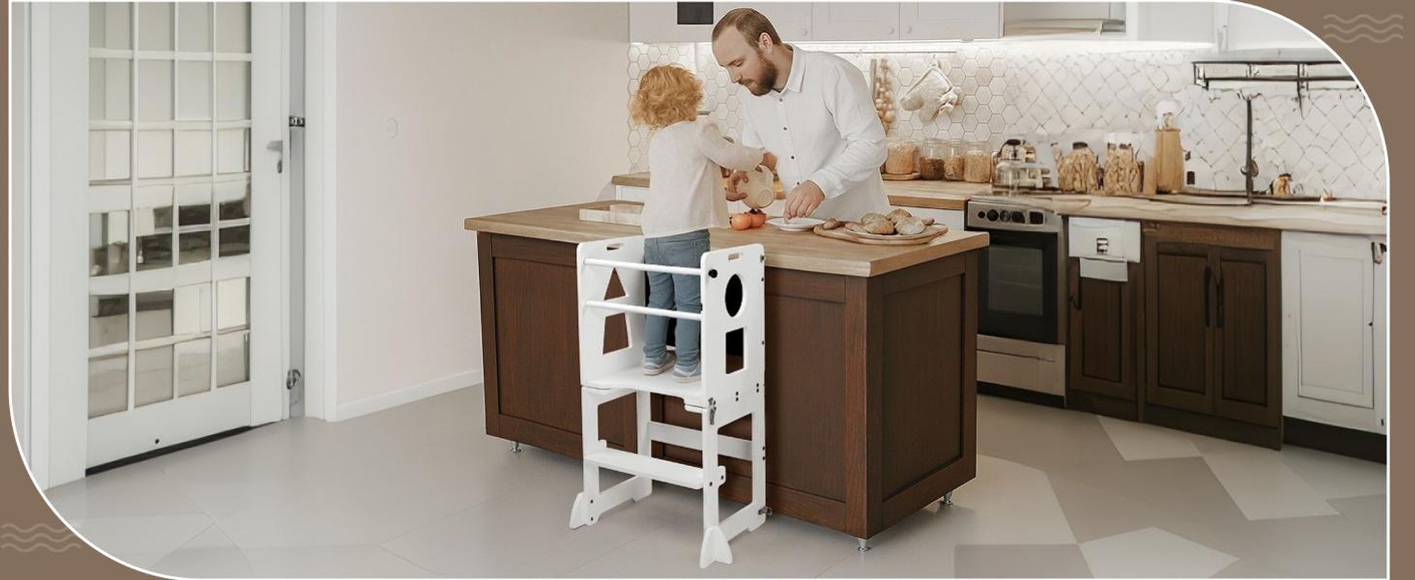 FCH Lernturm Für Kinder, Montessori Lernturm, 45 × 35 × 88cm, Fichtenholz + Mehrschichtplatte,Weiß