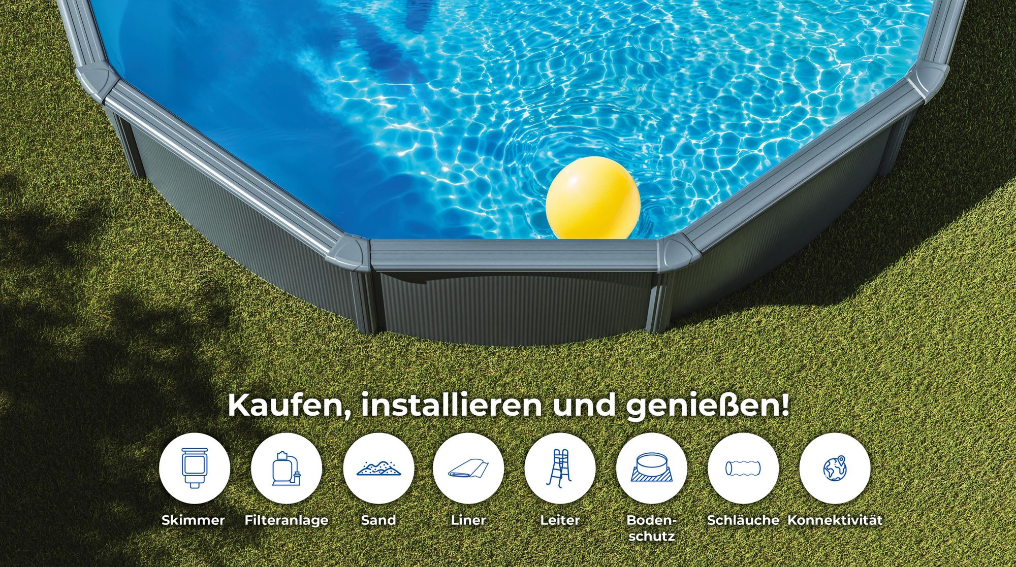 GRE Runder Stahlwandpool mit Anthrazitoptik KITPR358GY – Ø 350 x 132 cm, Komplettset + GRATIS Elektrischer Poolreiniger VCB50