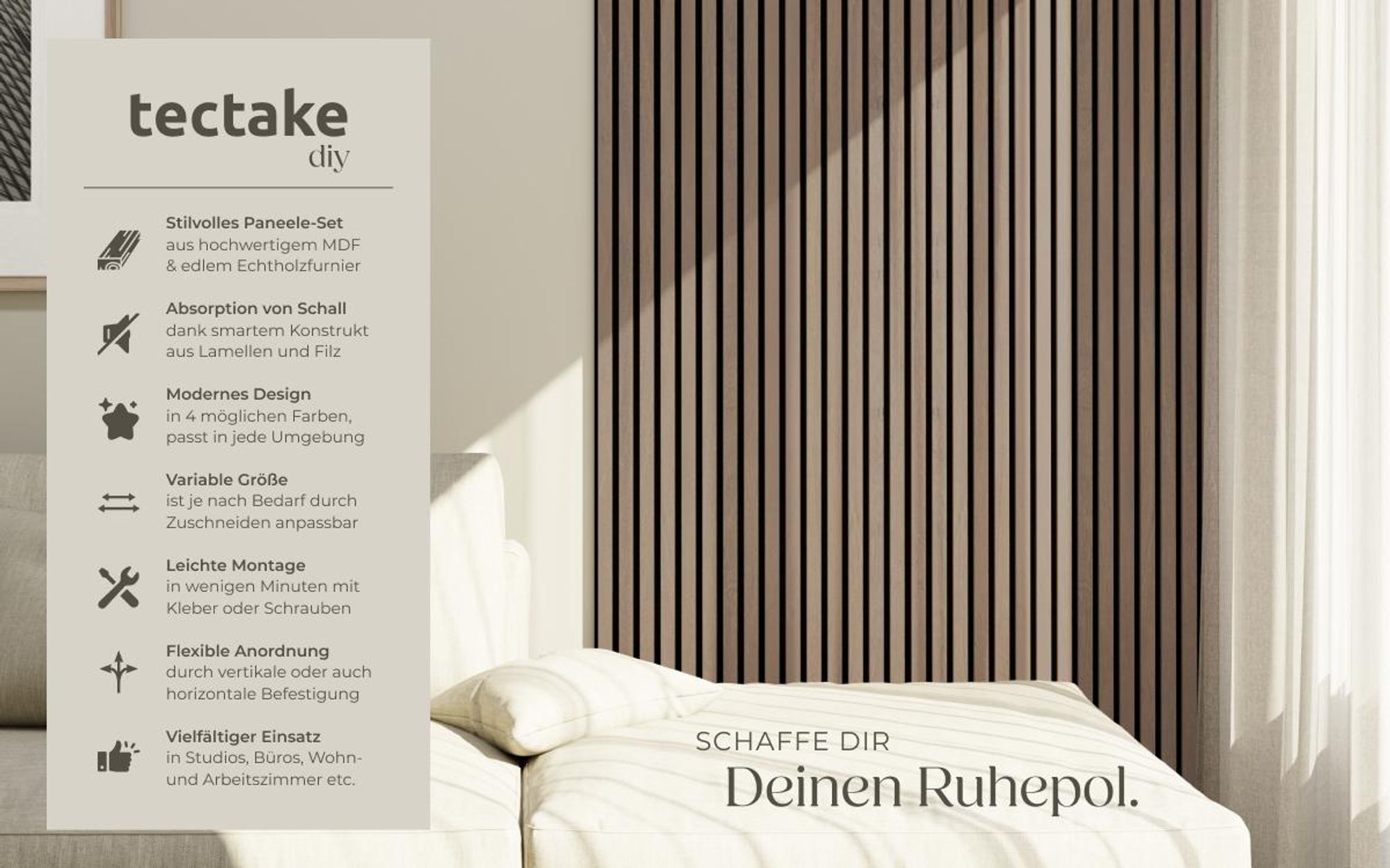 tectake® Akustikpaneele Sonic Wall Holzoptik in Eiche dunkel je 60 x 120 x 2,1 cm, Größe flexibel anpassbar