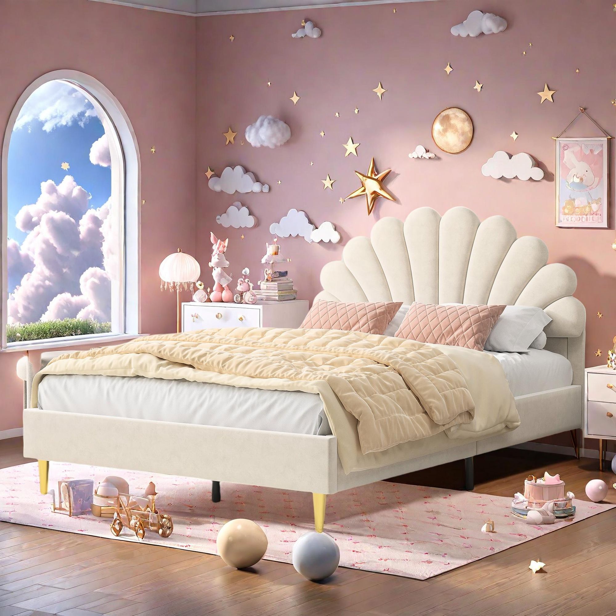 Fortuna Lai Polsterbett 140 x 200 cm, Bettgestell mit Lattenrost & Kopfteil, Blumenform Gepolstertes Doppelbett, Gästebett, Jugendbett, Hautfreundlichem Samtstoff (Beige)