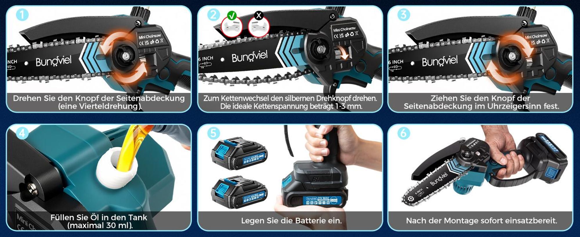6+8 Zoll Akku-Kettensäge 2x 21V 2000mAh, mini kettensäge mit akku & bürstenlosem Motor,inkl. 2 Akkus, Ladegerät &  Ersatzketten