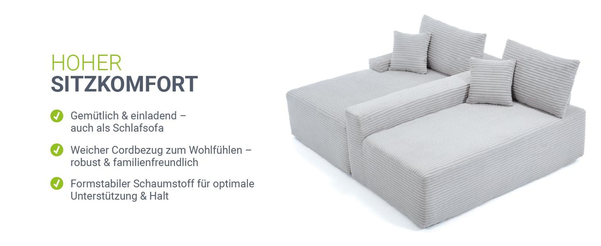 Juskys Sofa Coredo - Hellgrau, moderne Couch aus Cord mit Kissen, Ottomane links