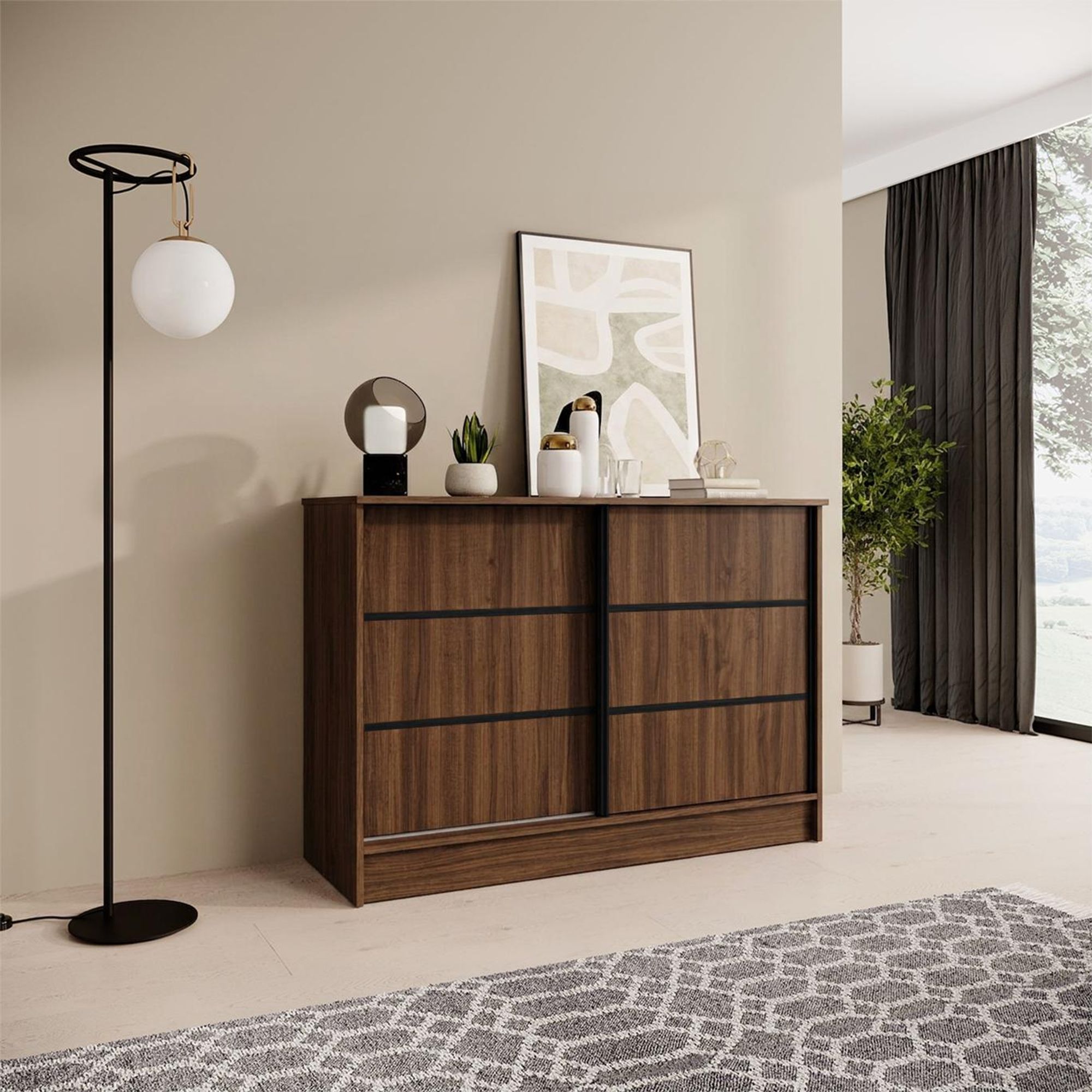 BEAUTYSOFA Kommode MIRELA 120 cm Warmia Walnuss, Sideboard mit 2 Schiebetüren, Highboard mit dekorativen Zierleisten, Moderne Anrichte, Viel Stauraum