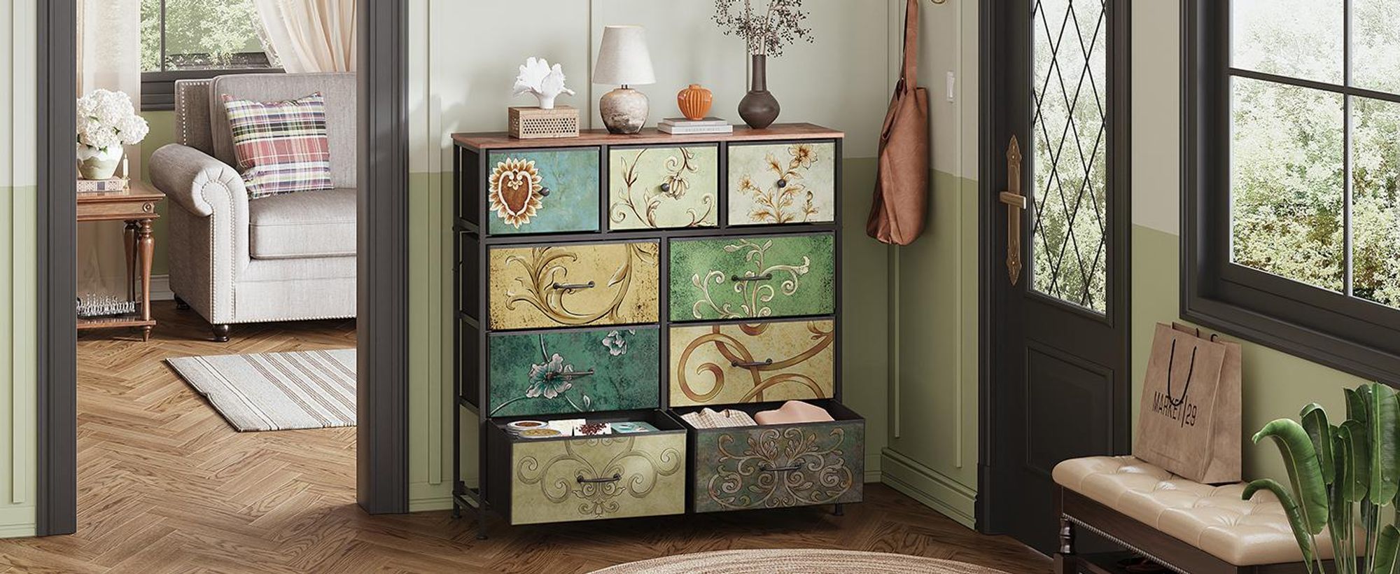 INONEFT Kommode mit 9 Schubladen aus Stoff, 100x30x100cm Kommodenschrank für Schlafzimmer, Sideboard, Metallrahmen Holzoberfläche,Vintage-Blumenmotiv
