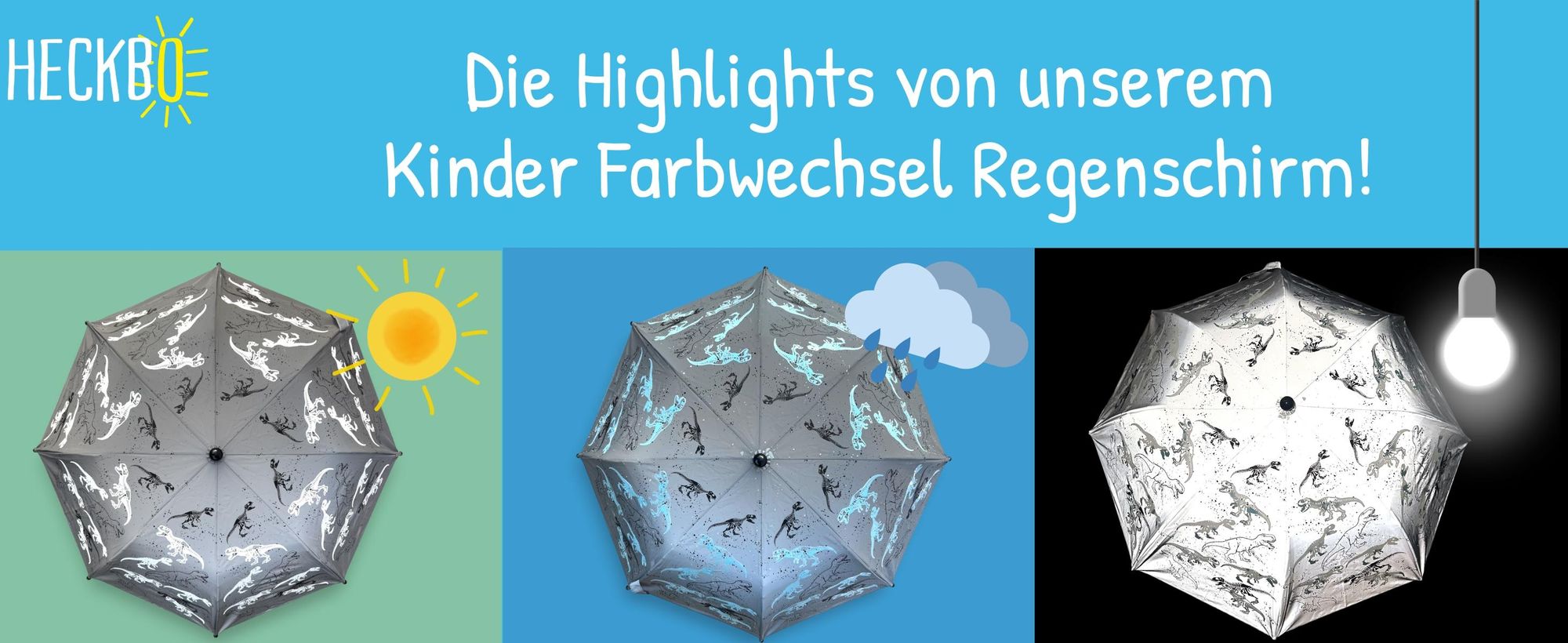 HECKBO Kinder Regenschirm Dinosaurier – Farbwechsel bei Regen, vollreflektierend, Holzgriff, mit Namensschild