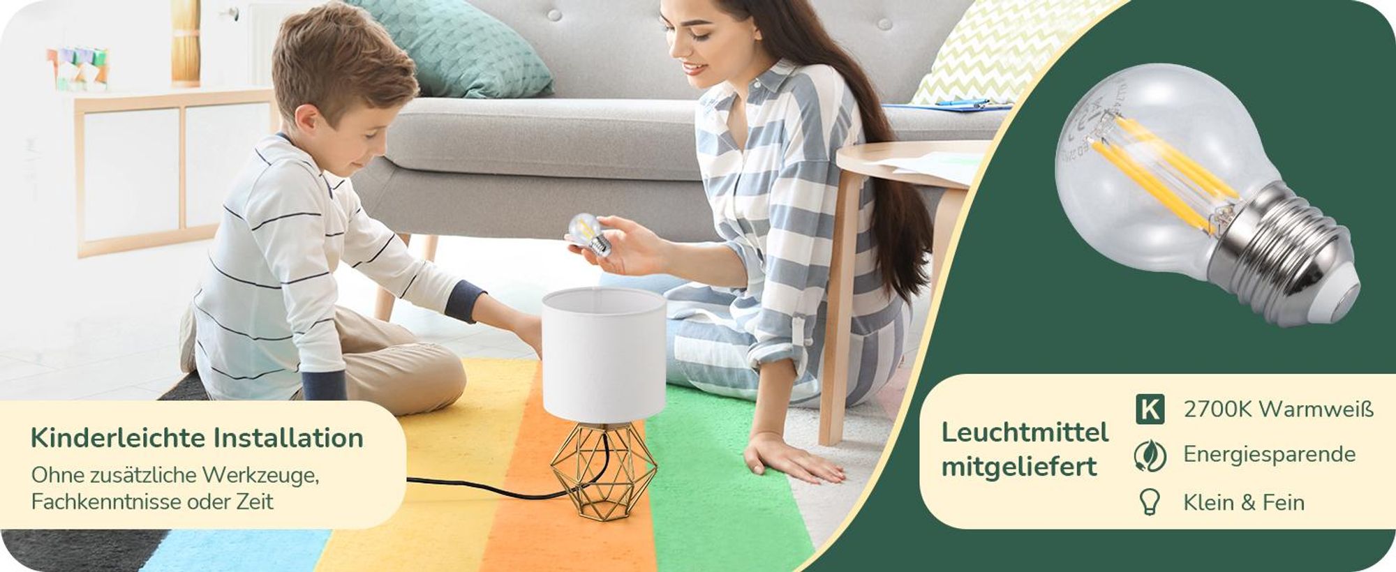 EDISHINE Tischlampe, Moderne Nachttischlampe mit E14 Leuchtmittel, Vintage Tischleuchte, für Schlafzimmer, Wohnzimmer, Weiß & Gold