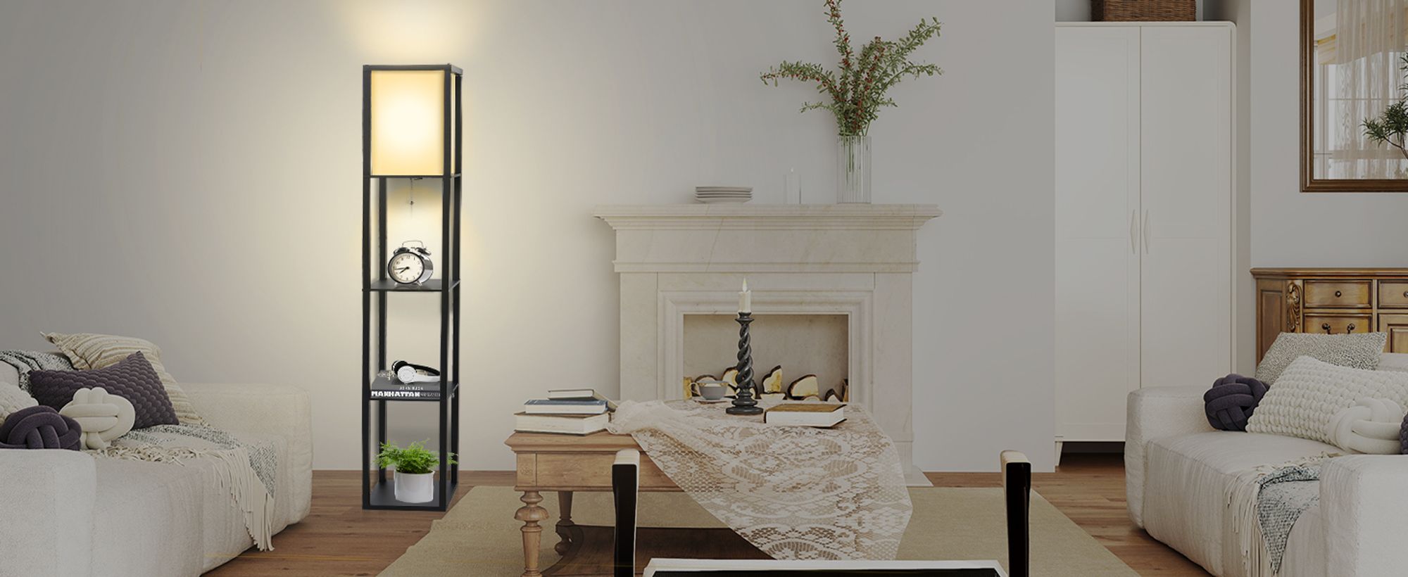 Puluomis 3 Ebene Stehlampe Stehleuchte Standleuchte standlampe Bodenlampe, E27 Innenbeleuchtung für Schlafzimmer Wohnzimmer Holz Regal Schwarz 160cm