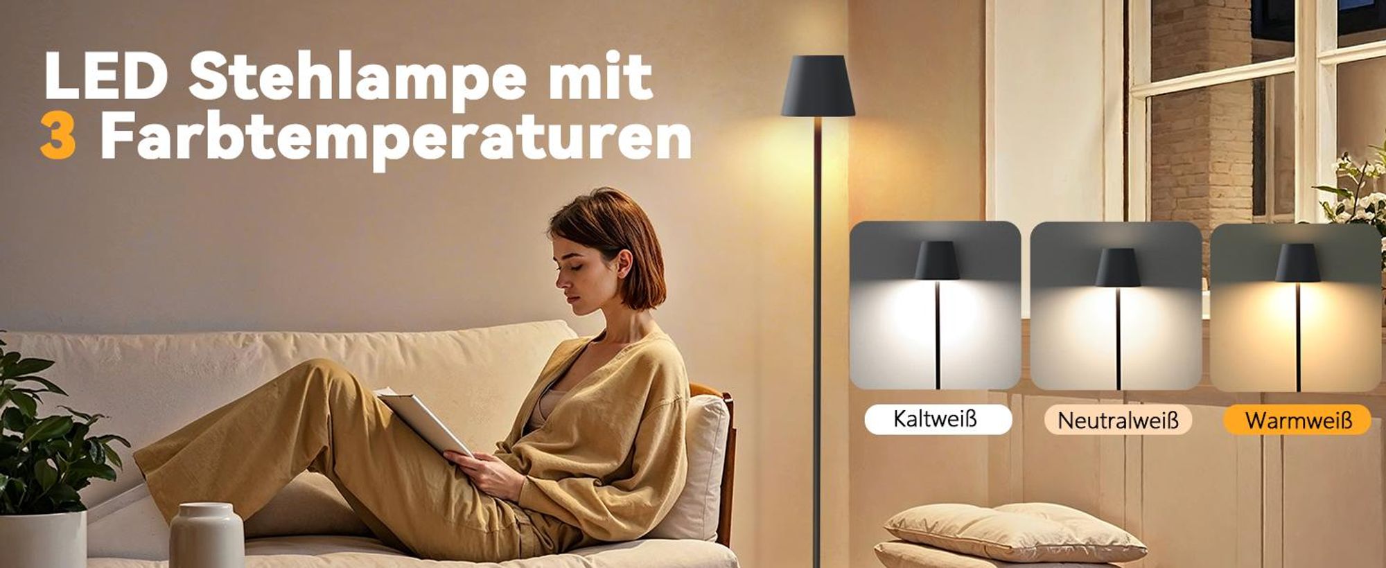 LED Stehlampe, Kabellose Stehlampe, Akku Stehlampe, Stehleuchte, Standleuchte, Leselampe, Dimmbar 3 Farbtemperaturen, USB Aufladbar