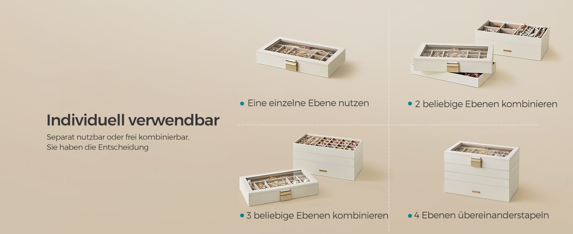 SONGMICS Schmuckkästchen 4 Ebenen, Schmucktablett stapelbar, Schmuckkasten groß, Schmuckbox mit Glasdeckel