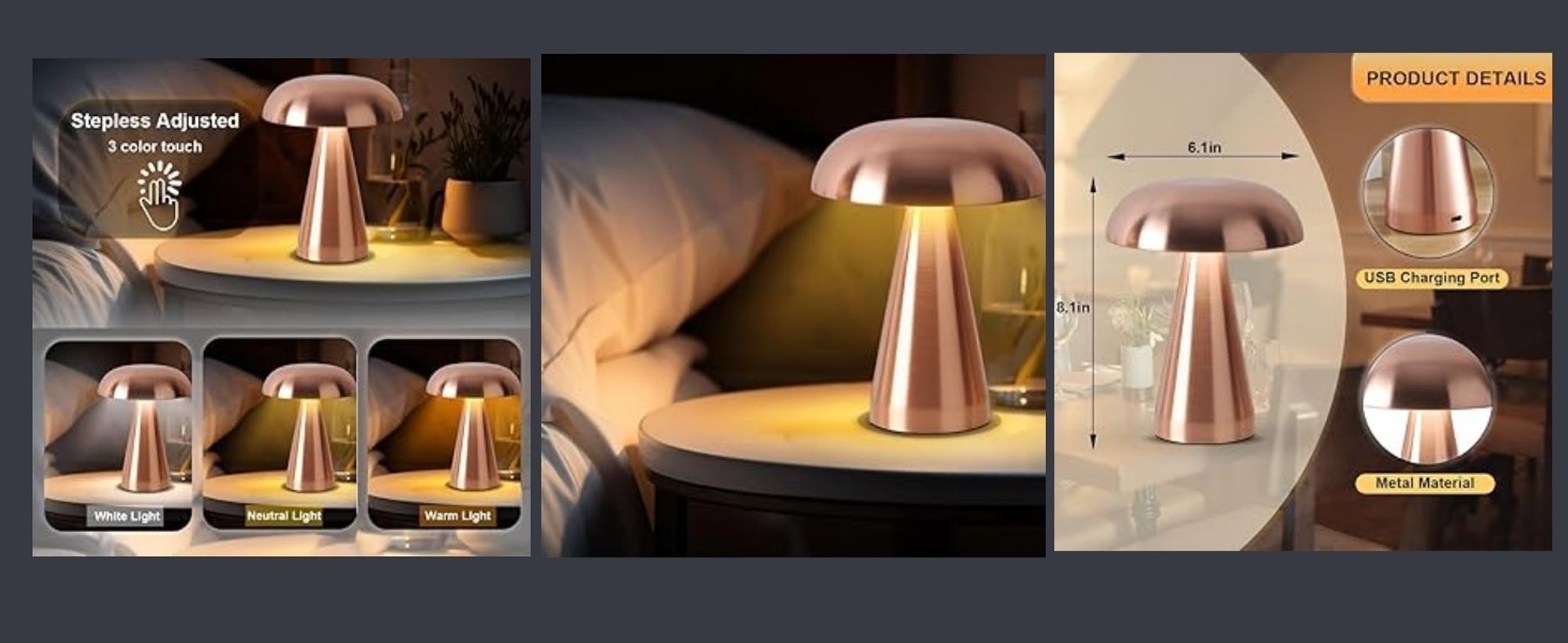 LED Akku Pilz-Tischleuchte Roségold Metall Dimmbar Kabellos USB Warmweiß Lampe Touch Tischlampe Nachttischlampe,Touch Steuerung Augenschutz Leselampe