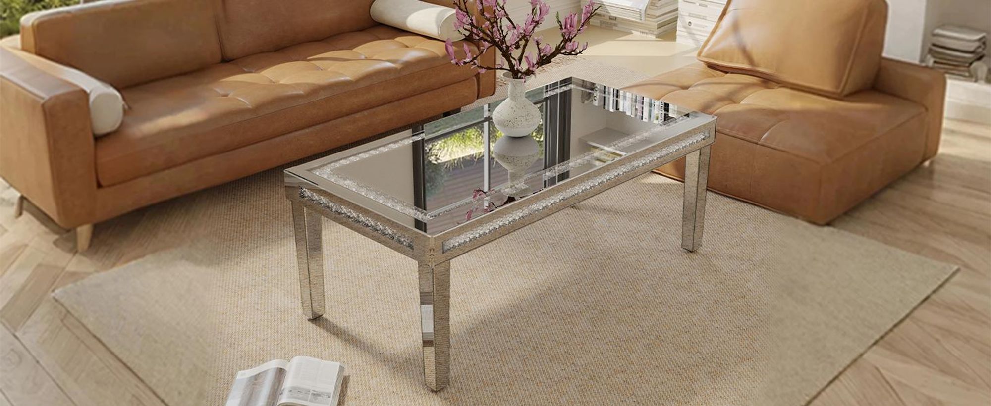 WISFOR Couchtisch Glas silber Modern mit zerkleinerter Diamant-Einlage und vier konischen Glasbeinen, 120 x 60 x 45 cm