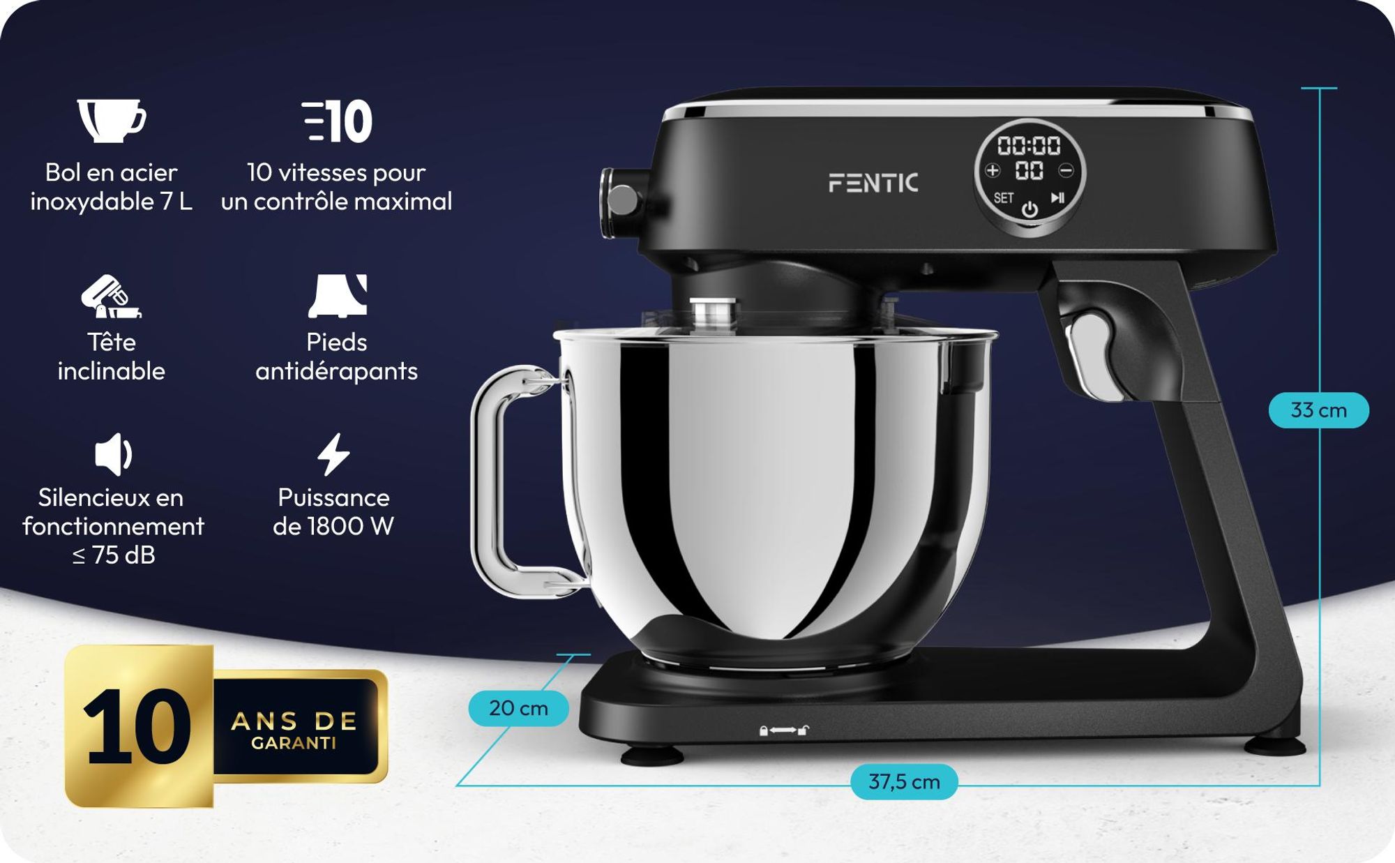 Fentic Robot pâtissier 1800W, Bol inox 7L, Pétrin pour pâte à pain & à pizza, Mouvement planétaire, 10 vitesses minuteur & pare-éclaboussures
