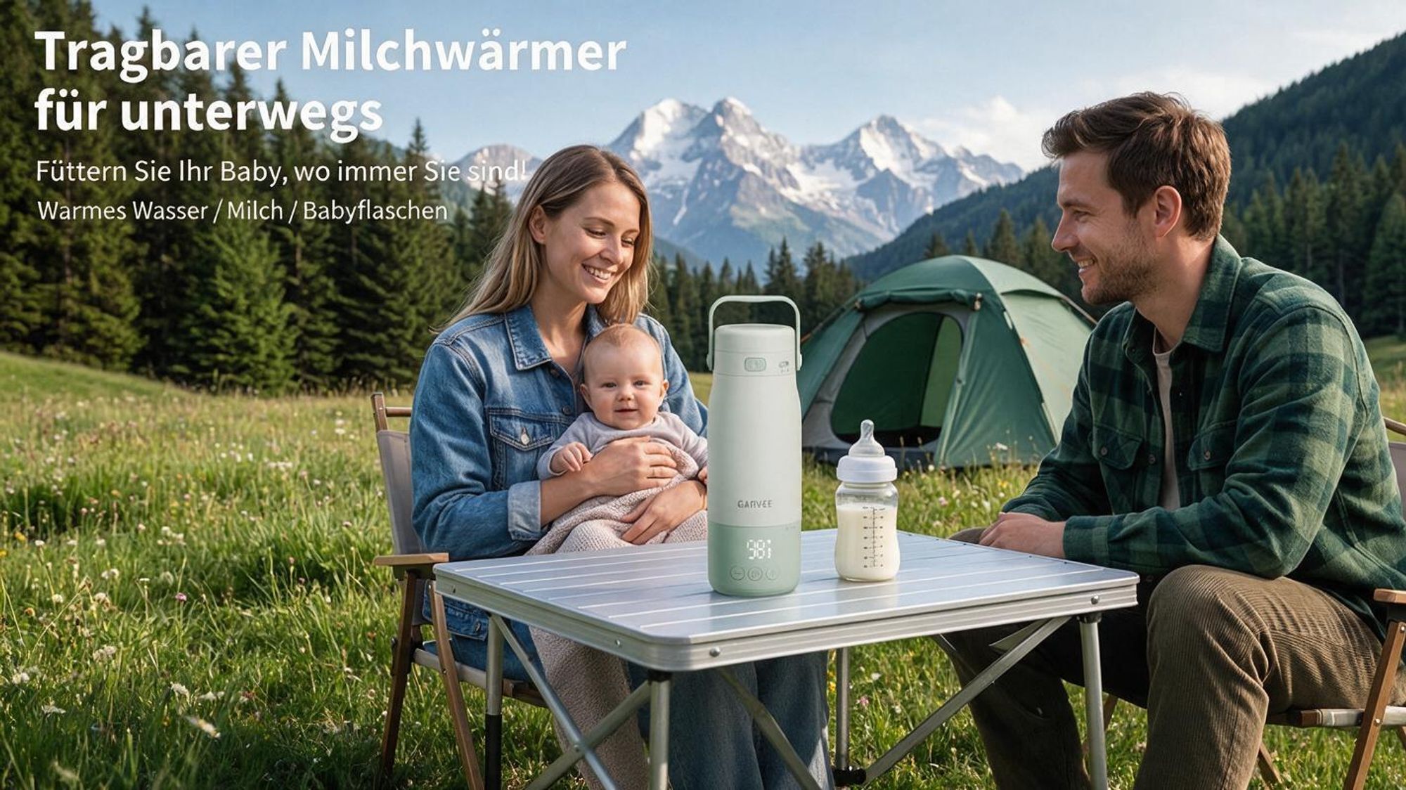 Tragbarer Babyflaschenwärmer für unterwegs, Flaschenwärmmit baby 500 ml 12800 mAh Akku, 2 Minuten bis 37°C, ±1°C LED Display, USB-C, IPX7