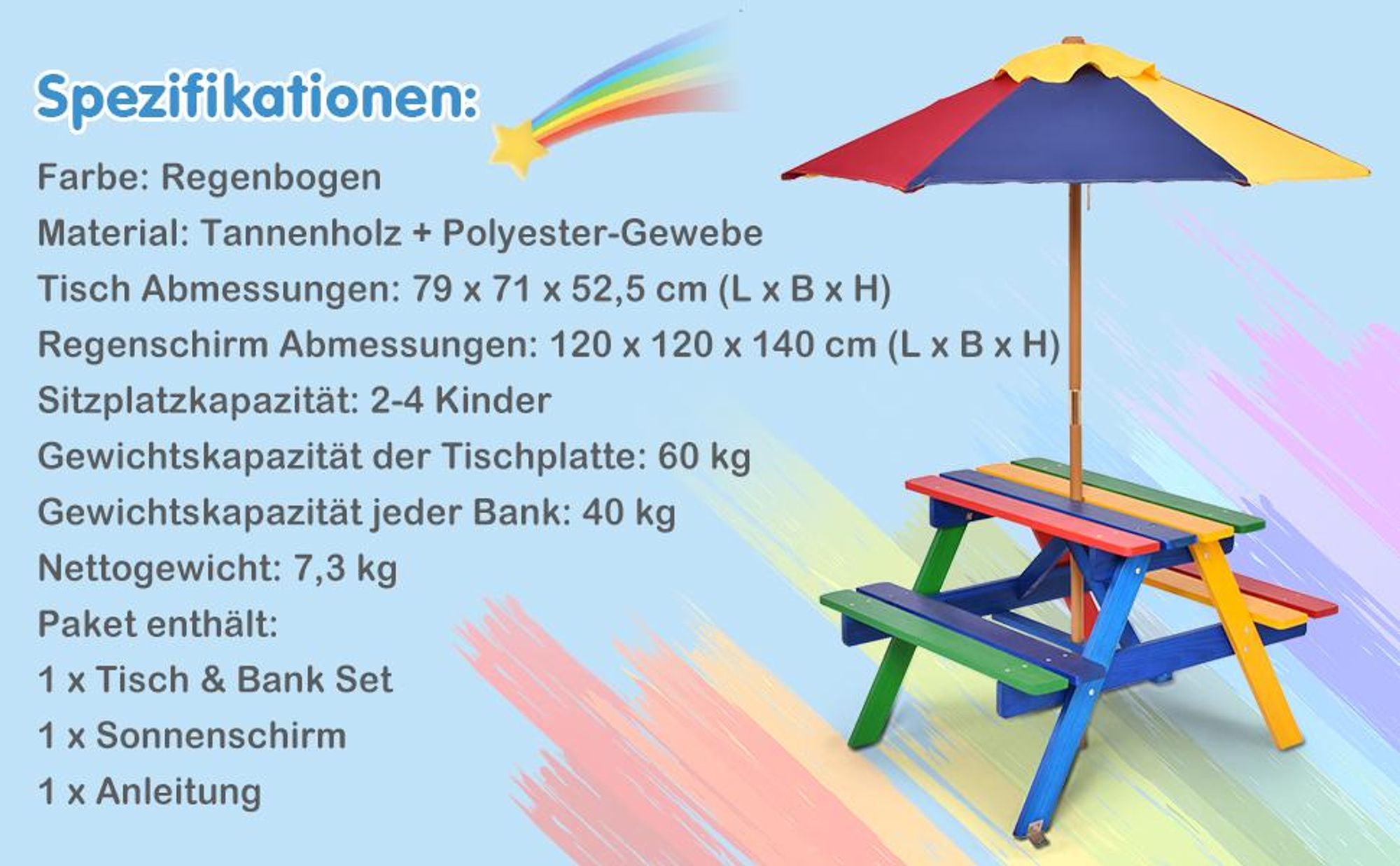 COSTWAY Kindersitzgruppe mit Sonnenschirm, Kindersitzgarnitur aus Massivholz, Kinder Picknicktisch, Sitzgruppe Outdoor, Sitzgarnitur, Gartenmöbel