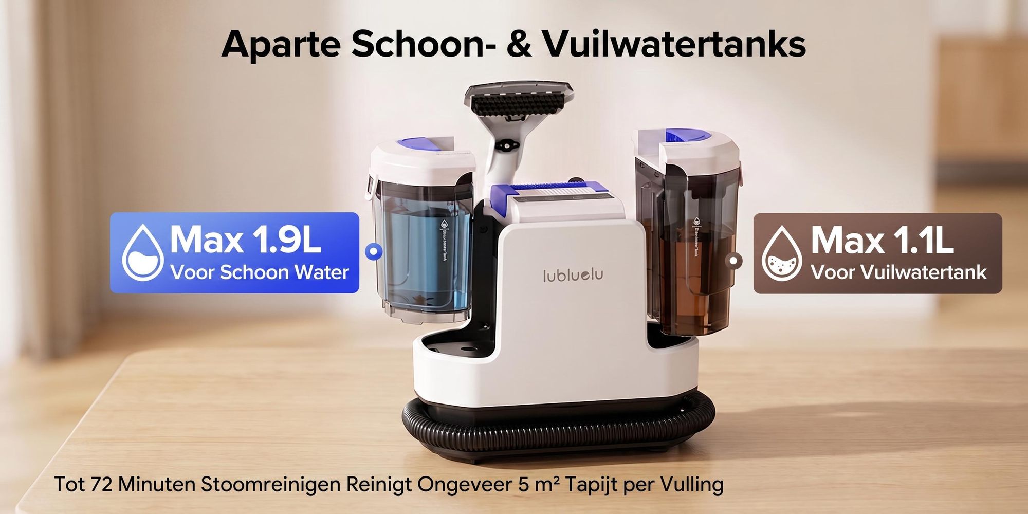 Lubluelu V11 Bekledingsreiniger Tapijtreiniger 30 kPa met Stoomfunctie, 4 Modi, 1900 W, Dubbele Tank 1,9 L + 1,1 L, voor Bank, Auto en Matras