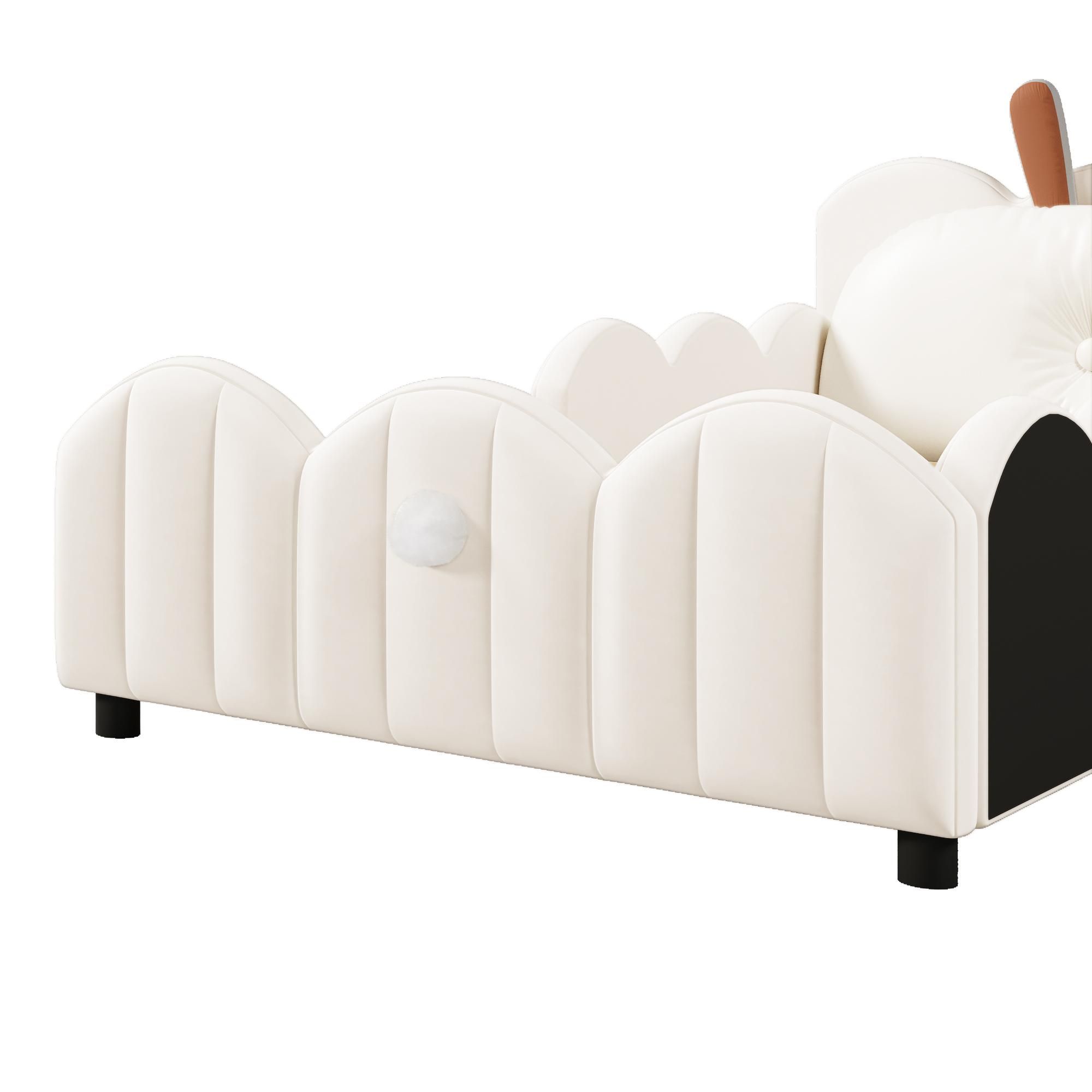 Merax Polsterbett 90x200 cm, mit Kaninchen-Kopfteil, gepolstert, Einzelbett, mit Schutzgeländer, Kinderbett, Jugendbett, Beige