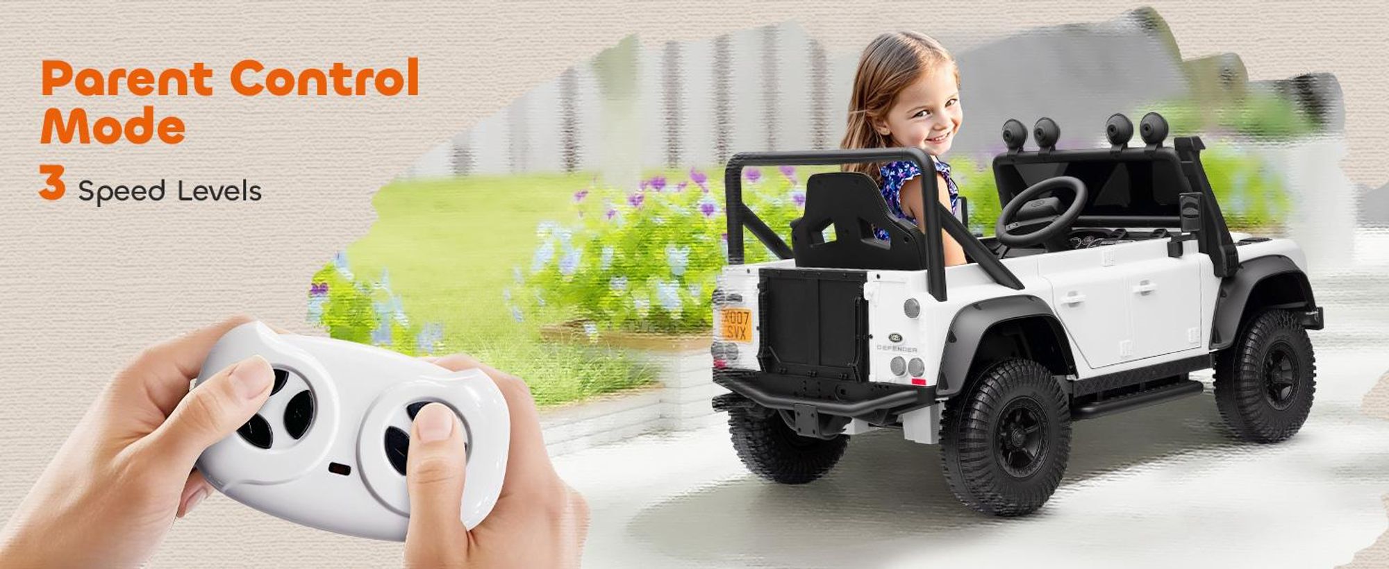 Samochód elektryczny dla dzieci AIYAPLAY, Land Rover Defender 110 SVX 12V 7Ah z pilotem, 2 silniki, samochód dla dzieci z łagodnym startem, łagodnym zatrzymaniem, 4 amortyzatory, klakson, MP3, światło dla 3-5 lat biały