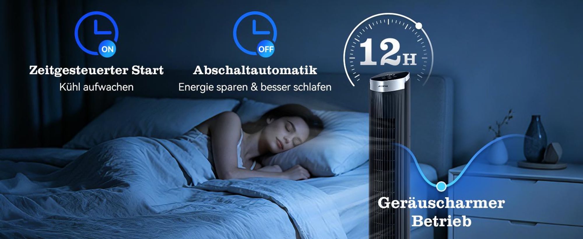 Aigostar - 45W Turmventilator mit Fernbedienung, 4 Modi, 3 Geschwindigkeiten, 12H Timer, 65 °Oszillation