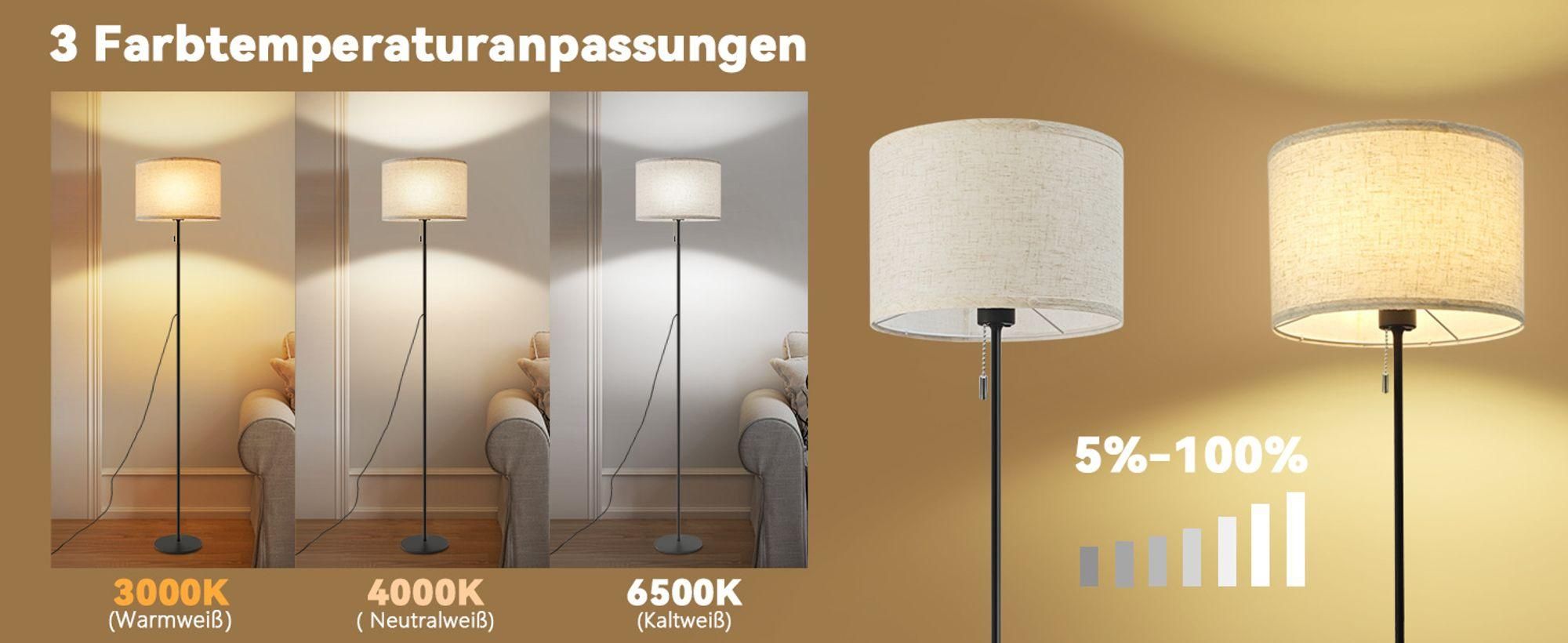 ZMH Standleuchte Wohnzimmer Dimmbar Stoff LED Stehlampen 136cm Standlampe Beige Lampenschirm Vintage Stehleuchten 3000K-6500K mit Seilzugschalter
