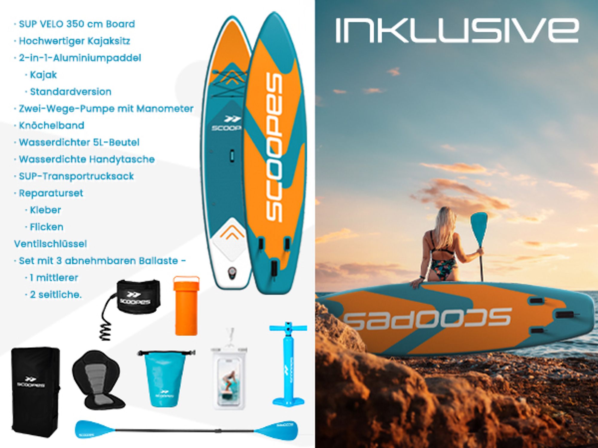 SUP Board Stand Up aufblasbar 350cm mit Sitz Kajak Set Paddel Pumpe Rucksack VELO
