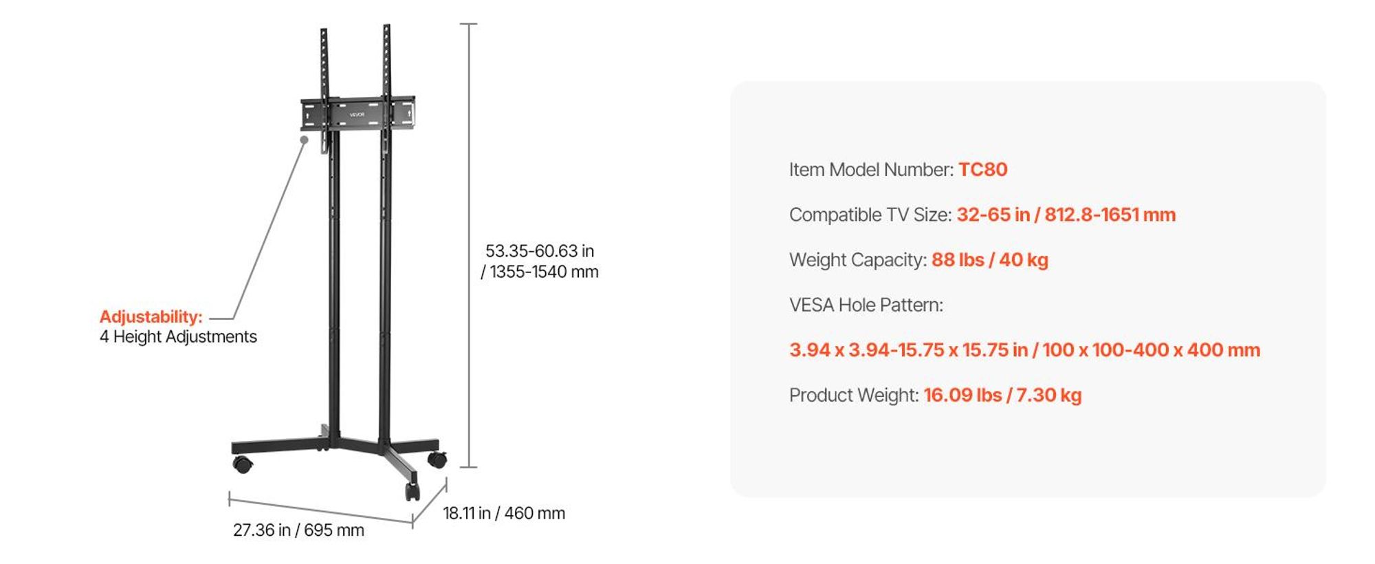 VEVOR Rollender TV-Ständer, Mobiler TV-Wagen für 35-100 Zoll LED/LCD/OLED Flach-/Curved-TVs, Tragbarer Monitorständer mit Rädern für bis zu 198 lbs für Wohnzimmer, Schlafzimmer, Büro, Außenbereich, Max VESA 800x600mm, Kein Tablett, 2 Halterungen