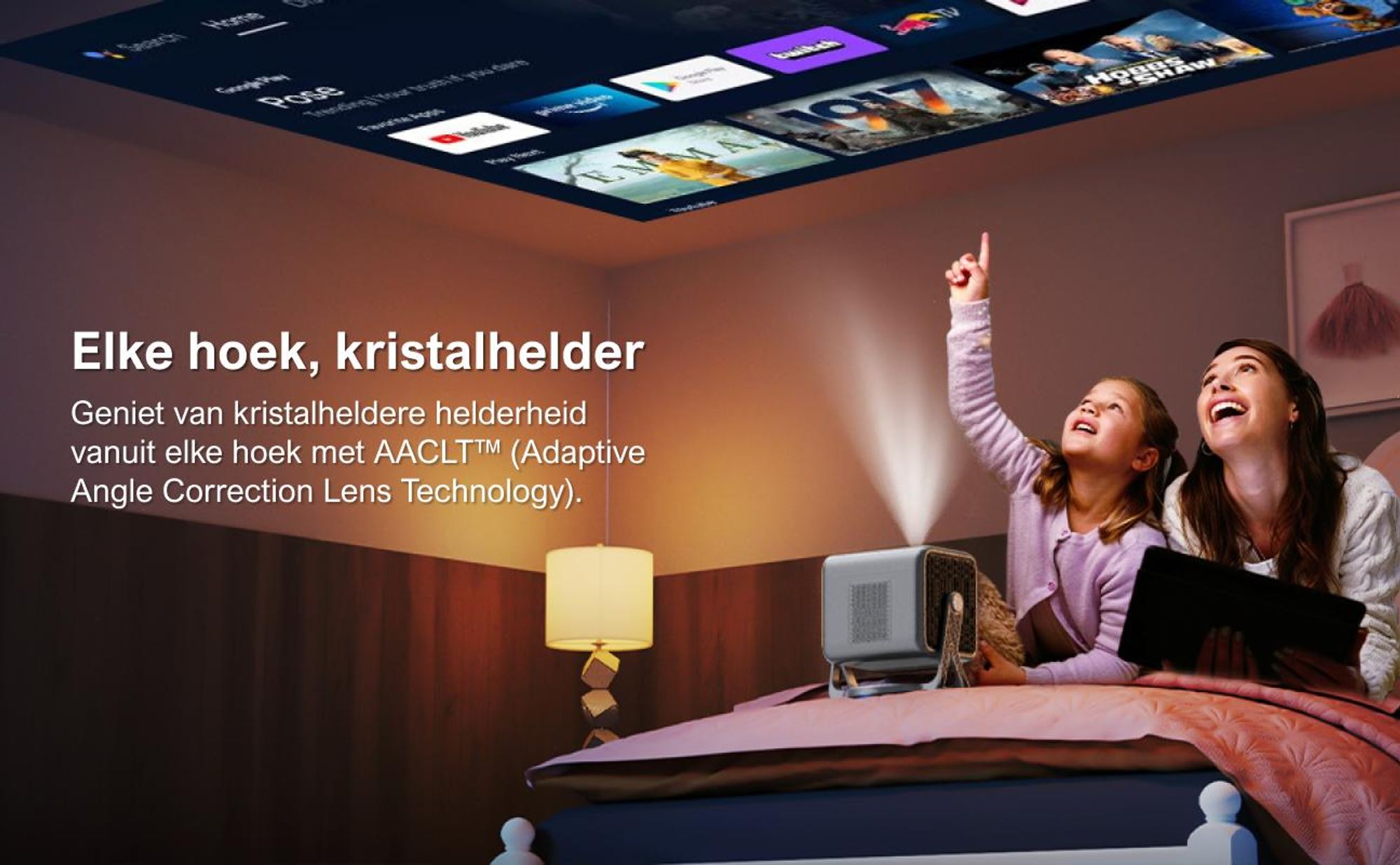 ULTIMEA Nova C40 beamer met 4K-decodering en Android TV 11.0. Beamer met een contrastratio van 1000:1, Dolby Audio, 600 ANSI lumen, HDR10 & HLG, en een 90° gimbal ontwerp zonder statief nodig