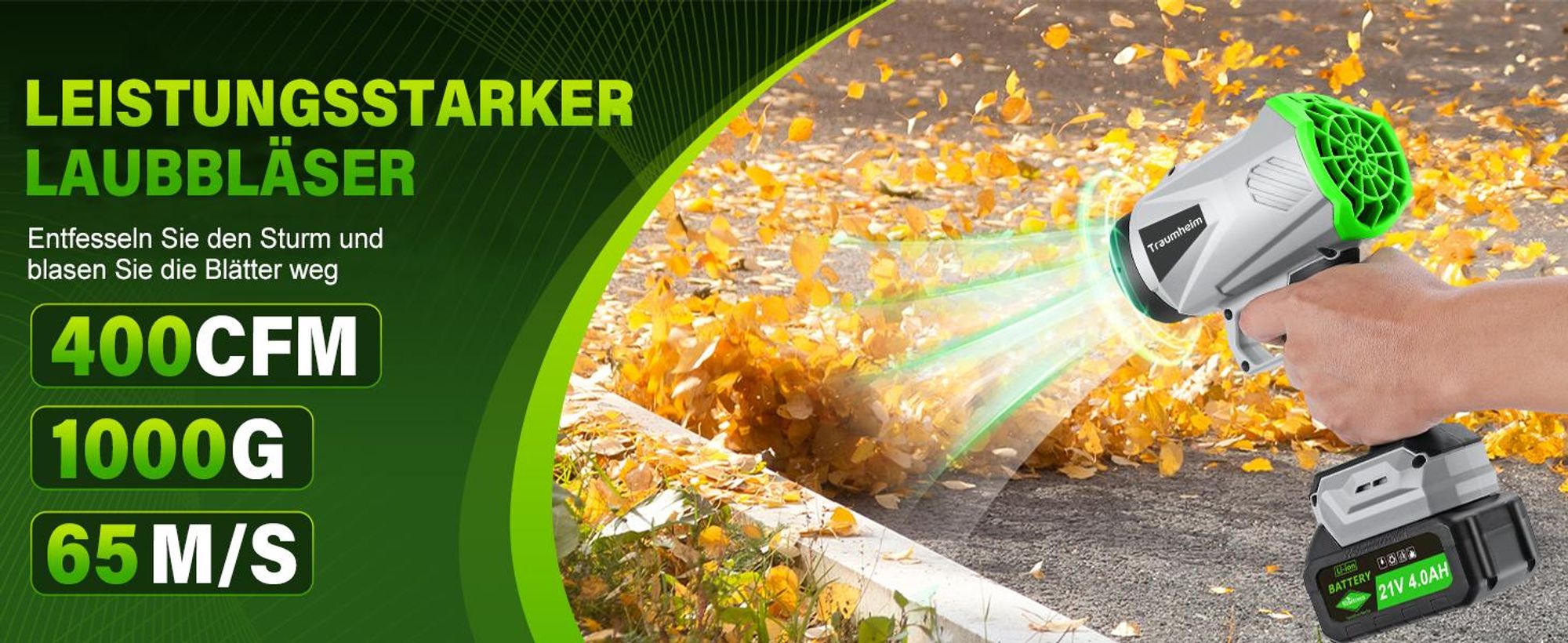 Akku Laubbläser, Handgebläse mit Turbostrahl 65m/s, 400CFM, Bürstenloser Motor, 2×4000mAh Akku, Leicht, Kabellos, Garten, Terrasse, Autoreinigung