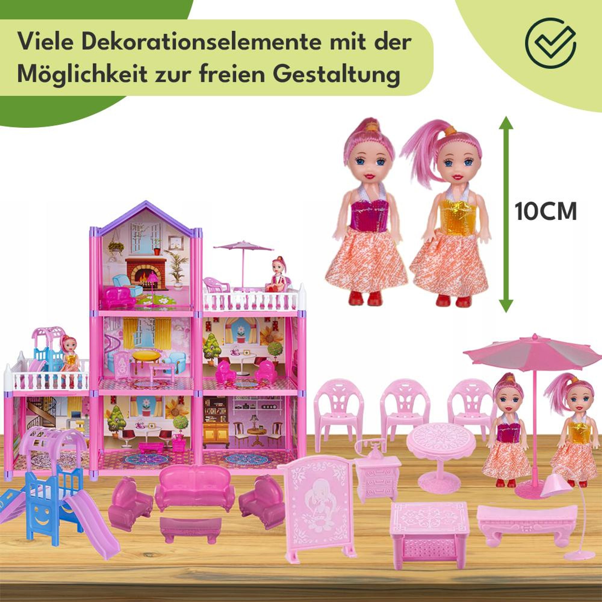 KRUMAD Puppenhaus 3 Etagen 129-teilig mit 2 Puppen, Möbel & Zubehör, Spielhaus mit Rutsche & Terrassen, Spielzeug ab 3 Jahren