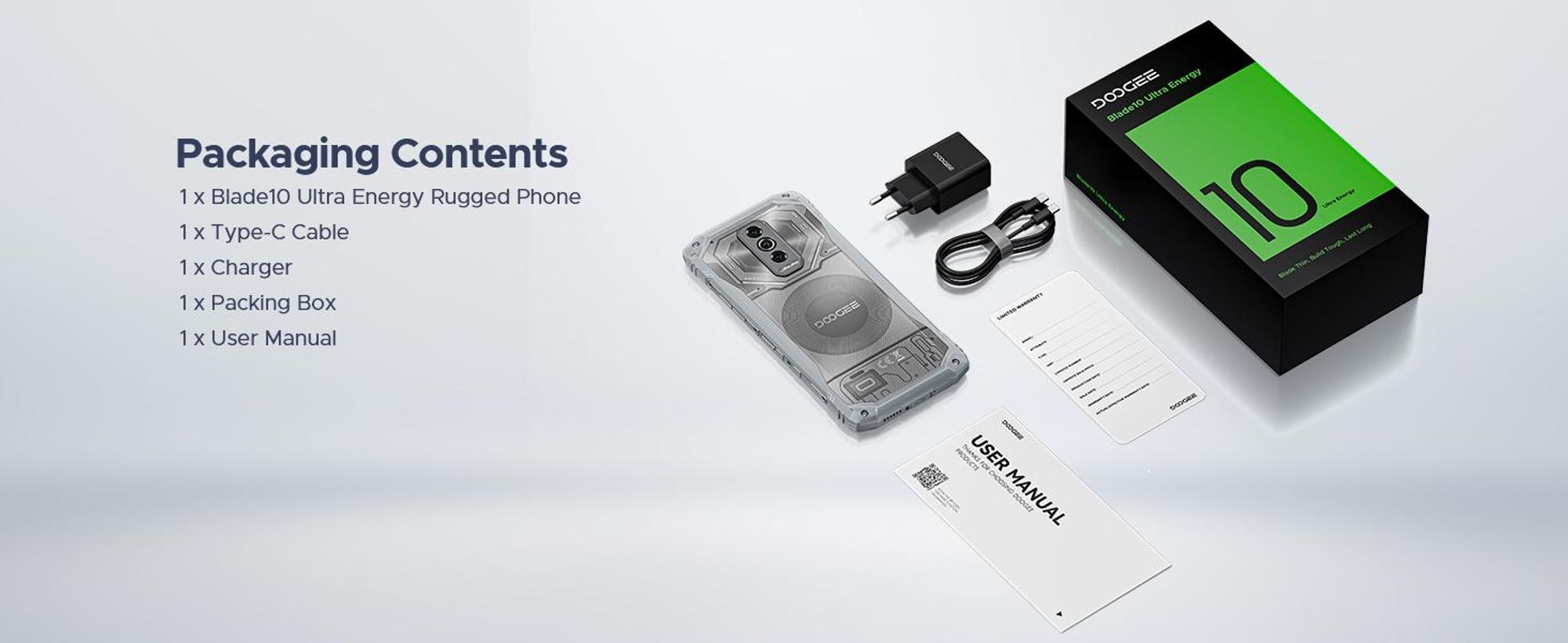 DOOGEE Blade10 Ultra Energy – robustní outdoorový smartphone, Android 16,  IP68/IP69K, 6,56" displej s obnovovací frekvencí 90 Hz, baterie 6150 mAh, 36+128 GB, fotoaparát 64 MP, NFC, čtečka otisků prstů, bez smlouvy