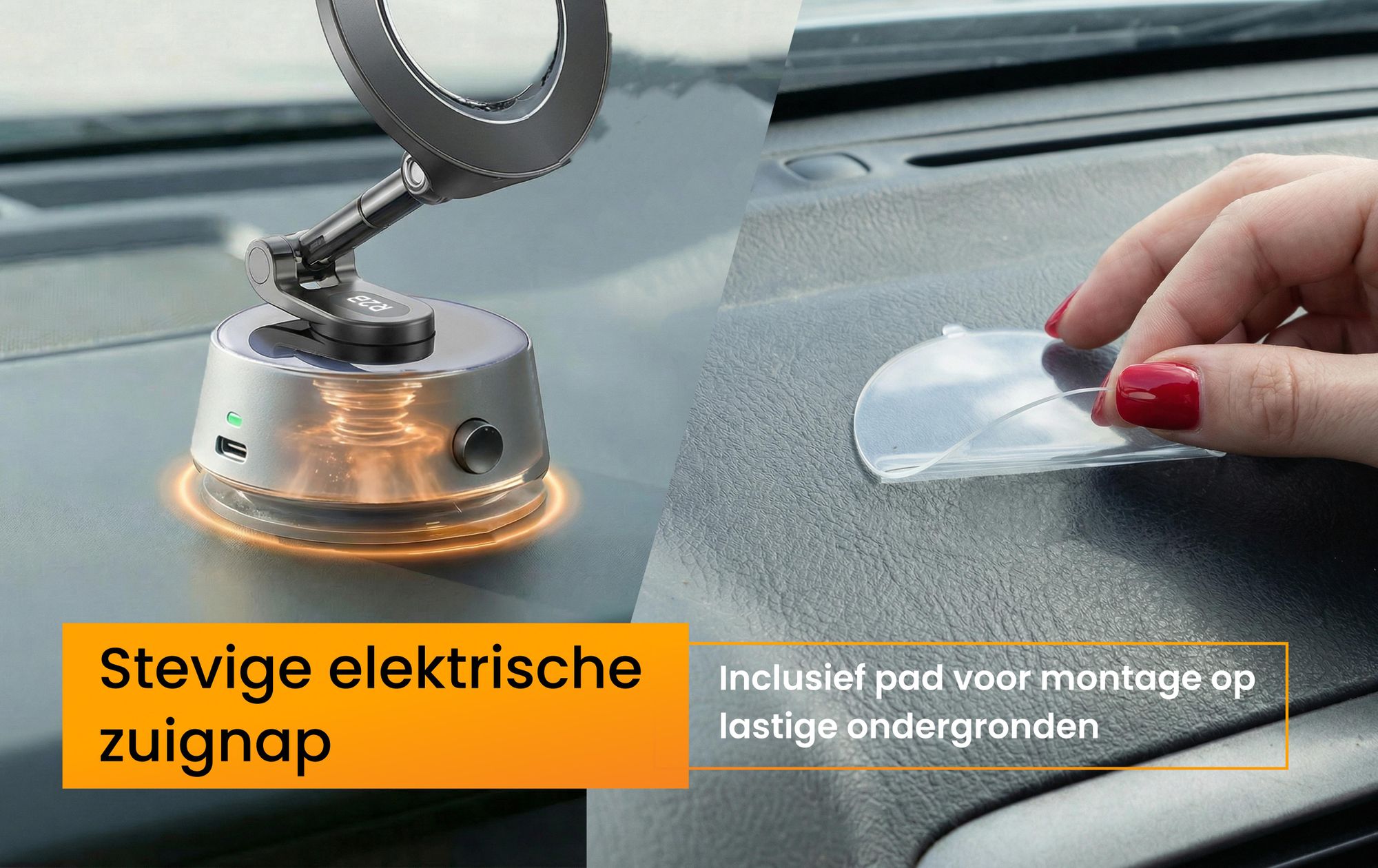 R2B Autohouder voor smartphones met elektrische vacuümzuignap, magnetisch en inklapbaar, geschikt voor dashboard en raam, compatibel met MagSafe