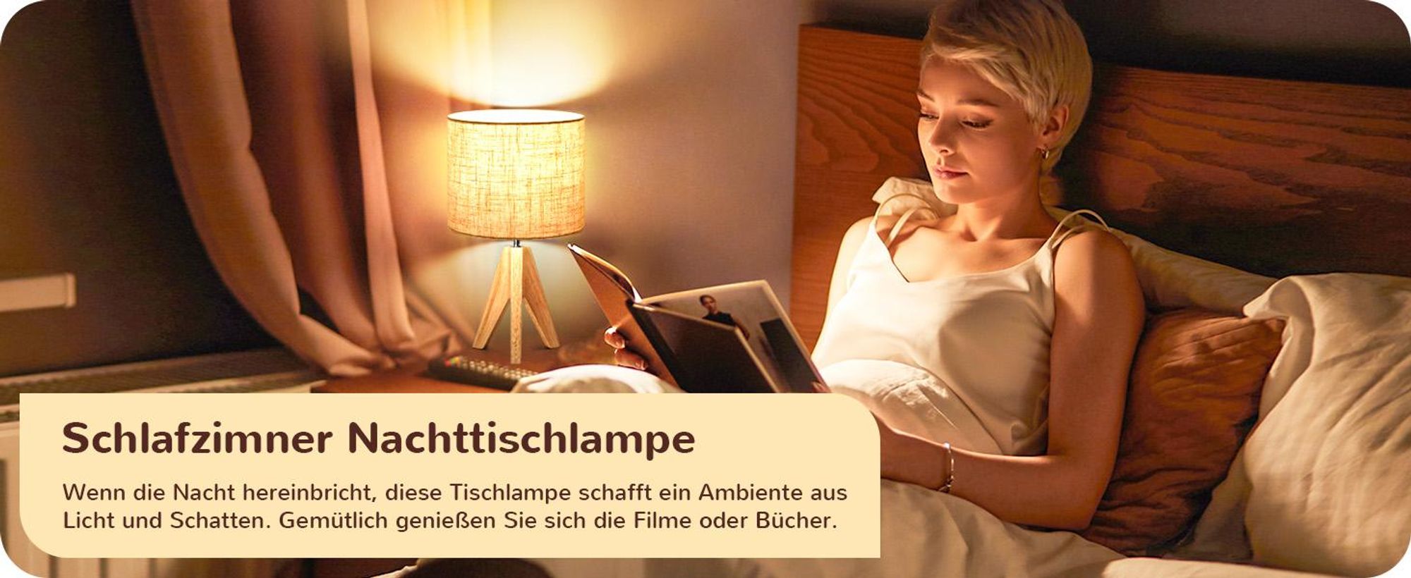 EDISHINE Nachttischlampe Tischlampe Holz, E27 Fassung, für modern Deko Schlafzimmer, Wohnzimmer, Nachttisch