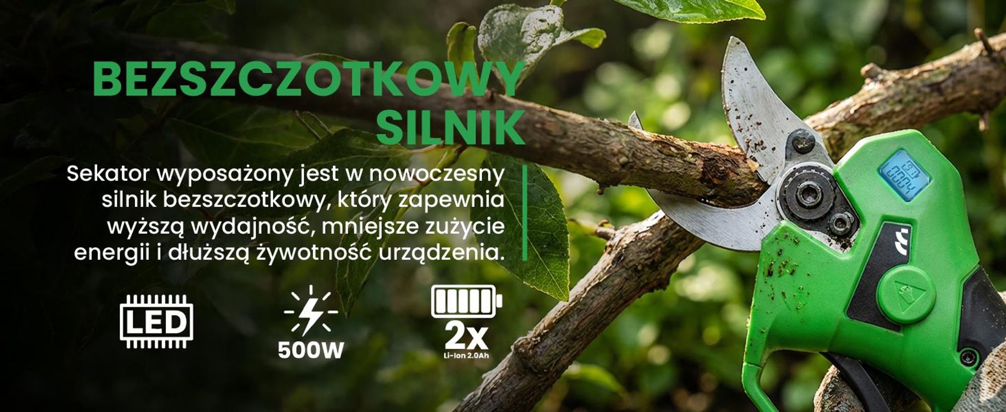 Elektryczny sekator ogrodowy z dwoma akumulatorami 2mAh i napięciu 21V