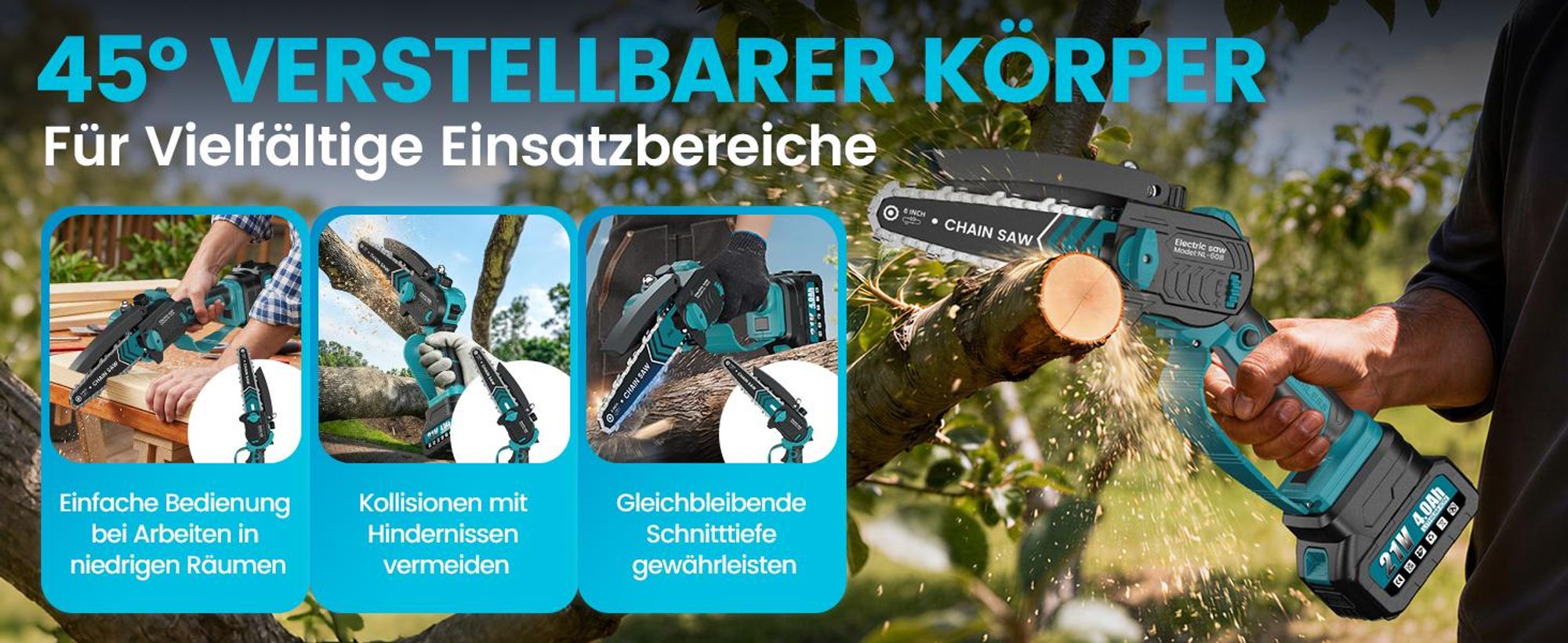 Akku-Kettensäge 6+8 Zoll Bürstenloser Mini Kettensäge mit 2x 4000 mAh Akku, 1200W Einhand HandKettensäge für Gartenscheren Holzschneidenz