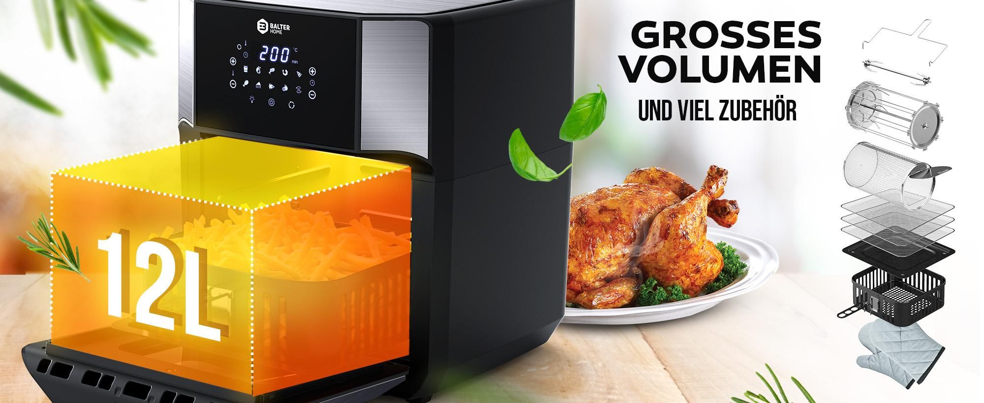 Balter Heißluftfritteuse HL-1200, Friteuse, 12 Liter, Mini Backofen, LCD Display, 10 Programme, inkl. Rezeptheft