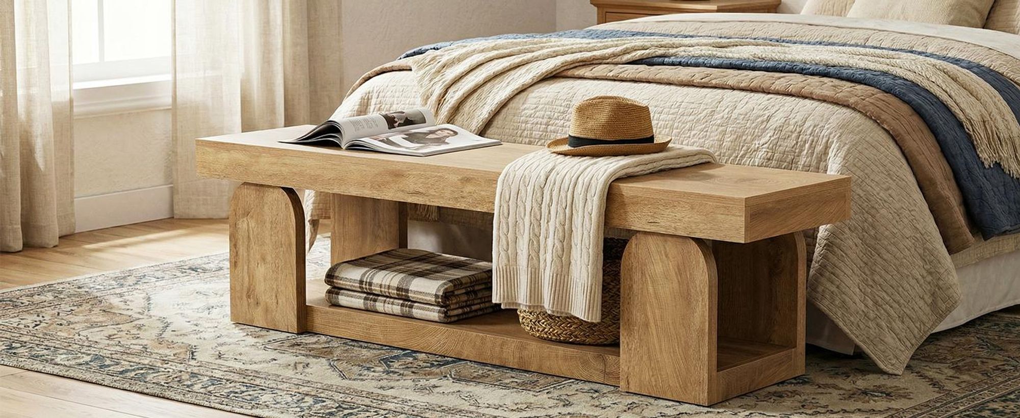160 cm Sitzbänke mit Ablagefach, hölzerne Sitzbank für Schlafzimmer, Flur, Eingangsbereich, Naturholz